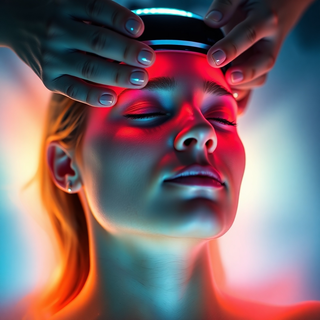 Create a photorealistic image showing a person receiving frequency healing through a device emitting colored light. The scene should be serene and calming, with soft lighting and peaceful music. The color palette should be soft and pastel. The camera angle should be a close-up, focusing on the device and the person's face. Style references include wellness photography and futuristic technology. Emphasize the feeling of relaxation and rejuvenation.