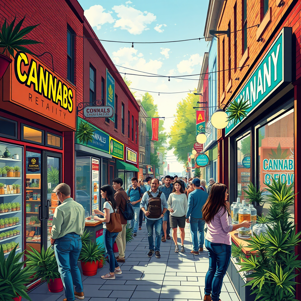 Create a photorealistic image depicting a bustling cannabis retail district in Norfolk, with people browsing storefronts and interacting with vendors. The scene should be vibrant and lively, showcasing the diversity of businesses and the enthusiasm of the community. The color palette should be bright and cheerful, using a variety of hues to create a sense of excitement.