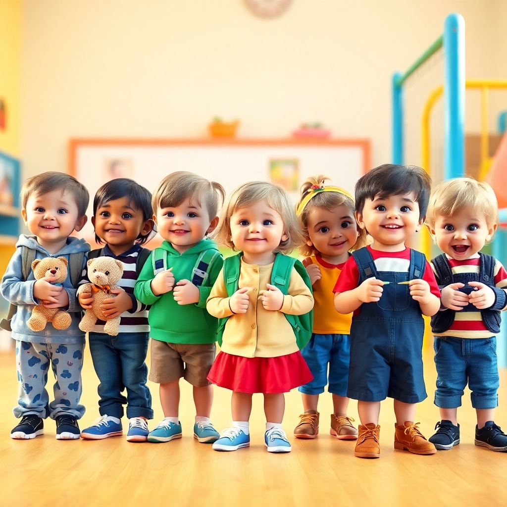 Create a photorealistic, ultra-high quality 8K resolution image.  The image should depict a diverse group of happy children, aged 5-8, engaging in various activities representing the days of the week.  For example, one child might be wearing pajamas and holding a teddy bear (Sunday), another might be dressed in school uniform carrying a backpack (Monday), another could be playing outdoors in sunny weather (Tuesday), another engrossed in a painting activity (Wednesday), and so on. The scene should be bright, cheerful, and inviting, set in a colorful, playful environment, possibly a classroom or a bright and sunny playground. The overall color palette should be vibrant, incorporating warm, sunny yellows and oranges, and playful blues and greens, reflecting the joyous nature of learning. Ensure the lighting is natural and even, creating a warm and inviting atmosphere. The camera angle should be slightly elevated, capturing the children from a playful perspective.  Texture details should be highly realistic—the softness of the children's clothing, the texture of the playground equipment, etc. The style should be reminiscent of a joyful and engaging educational children's program, possibly drawing inspiration from the aesthetics of Sesame Street or similar shows. The image must be hyperrealistic and convey a sense of fun and easy learning.