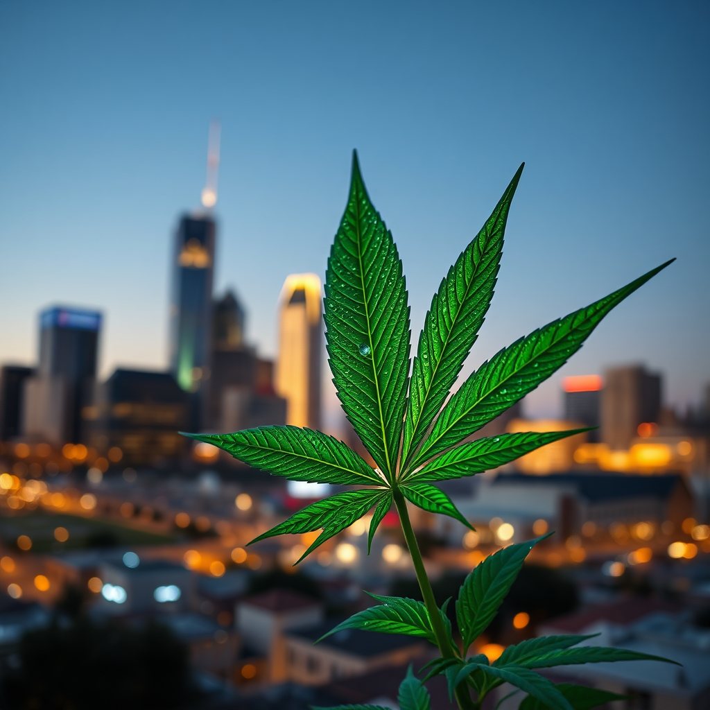 Create a photorealistic, ultra-high quality header image for "Norfolk City Cannabis Hub." The image should depict a modern, clean cityscape of Norfolk, Virginia, in the background, subtly blurred. In the foreground, feature a stylized cannabis leaf made of shimmering, transparent green glass, reflecting the city lights. The lighting should be soft and golden hour-esque, casting a warm glow on the leaf and city. The camera angle should be a low angle, emphasizing the height and scale of the cityscape and the leaf. Add subtle texture details like dew drops on the leaf and realistic building facades. The overall environment should feel optimistic and progressive. Style references: Modern, clean, and slightly futuristic. Technical specs: 8K resolution, hyperrealistic rendering.