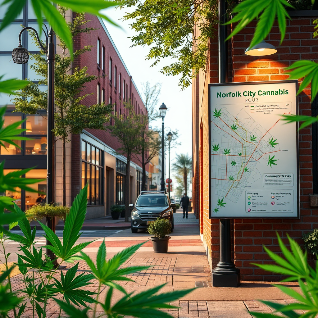 Create a photorealistic, ultra-high quality 8K resolution hero image for "Norfolk City Cannabis Hub". The scene should depict a modern, inviting street corner in Norfolk, Virginia, subtly blended with cannabis leaves and a map highlighting safe access points. The lighting should be warm and inviting, suggesting a welcoming atmosphere. Capture the essence of responsible consumption and legal adherence. Include subtle elements like a community board showcasing cannabis events and safe consumption guidelines. The camera angle should be slightly elevated, capturing the vibrant street scene. The overall style should be modern and approachable, reflecting a city that embraces cannabis responsibly. Focus on textures like brick, glass, and greenery, creating a hyperrealistic image that resonates with the local community. The color palette should be natural, with greens, browns, and hints of bright accents. Aim for a style that blends the urban landscape with the natural world, symbolizing Norfolk's progressive approach to cannabis.