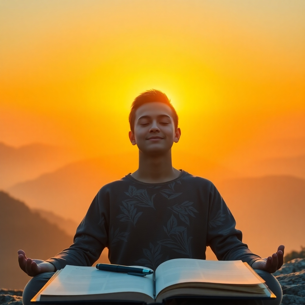 Create a photorealistic, ultra-high-quality 8K header image. The scene depicts a serene sunrise over a misty mountain range. In the foreground, a person is meditating, bathed in the warm, golden light of the rising sun. Their face is peaceful and content. Subtle rays of light emanate from their forehead, symbolizing clarity and enlightenment. The color palette consists of warm oranges, yellows, and blues, evoking feelings of peace and hope. The camera angle is slightly low, looking up at the person and the sunrise, emphasizing their power and potential. Add texture details to the mountains and the person's clothing to enhance realism. Style: Hyperrealistic, akin to a photograph taken with a professional DSLR. Relevant props: A journal and pen resting beside the person. The environment should convey tranquility and new beginnings.
