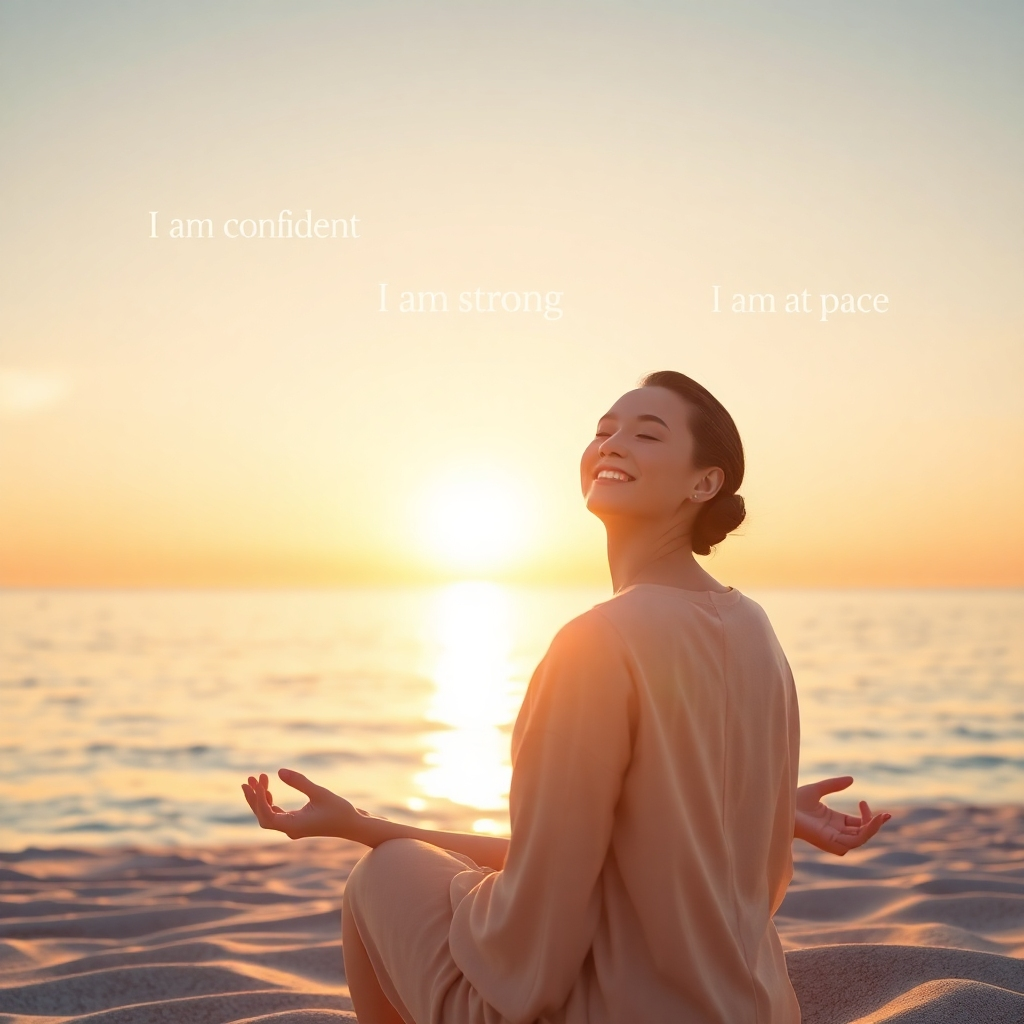 Create a photorealistic, ultra-high quality header image depicting a serene sunrise over a calm ocean. In the foreground, a person is meditating with eyes closed and a gentle smile, bathed in the warm, golden light. Above them, subtle, translucent text floats, displaying positive affirmations like "I am confident," "I am strong," and "I am at peace." The overall color palette should be calming and uplifting, with hues of gold, blue, and soft pink. The camera angle should be a low angle, emphasizing the person's connection to the earth and the vastness of the sky. Capture the texture of the sand, the gentle ripples of the water, and the soft fabric of the person's clothing. The environment should evoke tranquility and hope. Style reference: soft, ethereal realism. Technical specs: 8K resolution, hyperrealistic rendering.