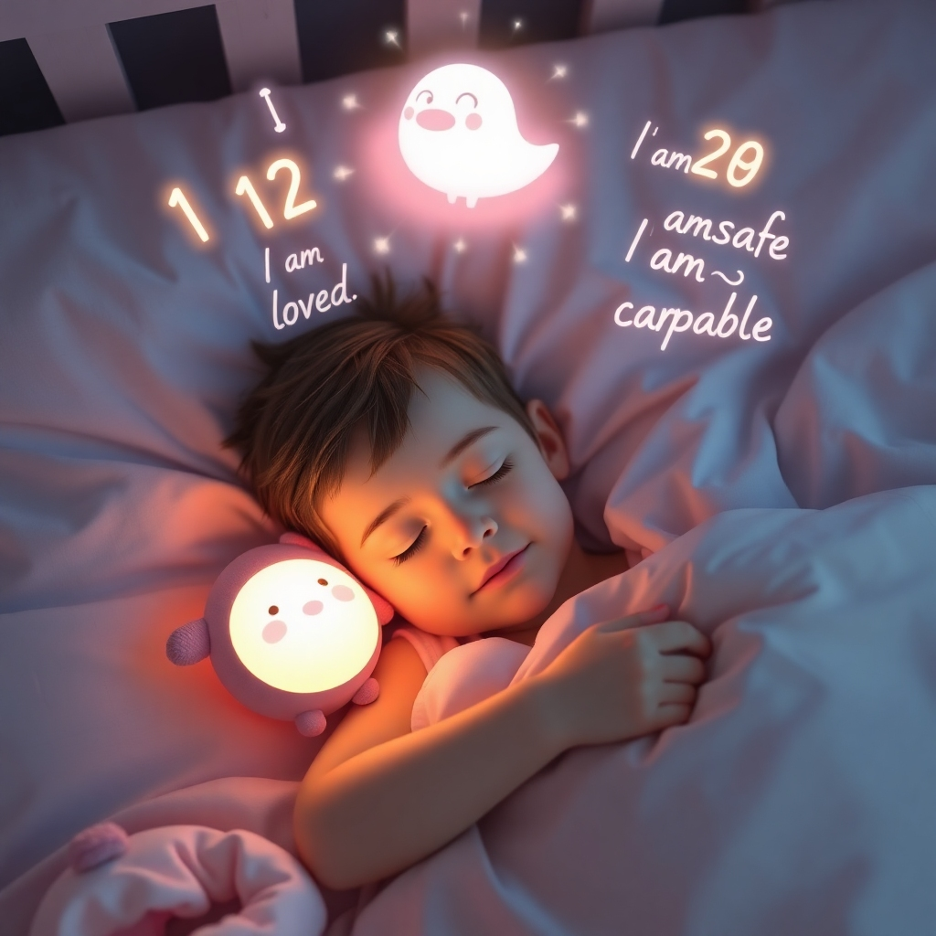 Create a photorealistic, ultra-high-quality 8K image.  The scene should depict a child, aged 3-5, peacefully sleeping in their bed.  Soft, warm light emanates from a nightlight shaped like a friendly, cartoonish carnivore.  Floating gently above the child are luminous numbers (1-20) accompanied by positive affirmation words like "I am loved," "I am safe," and "I am capable." The color palette should be calming pastels: soft blues, pinks, and lavenders.  The camera angle should be a slightly elevated, overhead shot, focusing on the child's serene expression and the magical elements surrounding them. The texture should emphasize soft bedding, plush toys, and the gentle glow of the nightlight.  The overall environment is a cozy, child's bedroom.  The style should evoke a sense of wonder and tranquility.  Relevant props might include a stuffed animal or a favorite blanket.  The image should aim for a hyperrealistic style, similar to high-end children's book illustrations, aiming for a dreamlike quality.