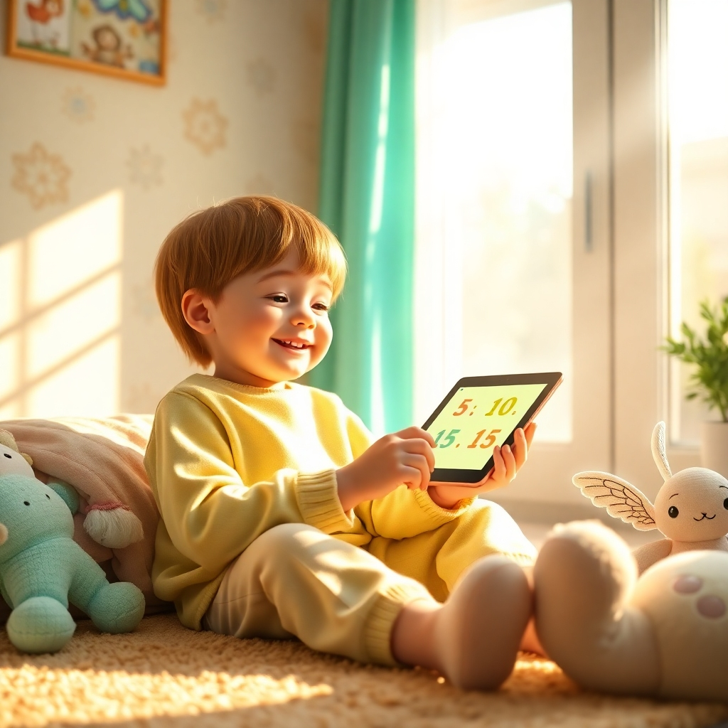 Create a photorealistic, ultra-high quality 8K resolution image. The image should depict a happy child, approximately 7-8 years old, sitting comfortably in a sunlit room. They are engrossed in an interactive tablet showing a colorful counting game using affirmations and numbers increasing by fives (5, 10, 15...). Soft, angelic light streams through a nearby window, casting a warm glow on the scene. The color palette should be bright and cheerful, with pastel shades of yellow, blue, and green. Subtle beams of light, suggesting angelic energy, can add to the mystical atmosphere.  The scene should feel peaceful and calming, enhanced by textures such as soft carpet, plush toys, and the child's cozy clothing. A small, subtle element, like a pair of angel wings gently glowing, can add to the magical element of the image. The camera angle should be slightly elevated, providing a gentle and heartwarming perspective. The overall style should evoke a sense of wonder and serenity, similar to the work of Studio Ghibli or other artists renowned for their charming, whimsical style. The image should be hyperrealistic and capture fine details, such as the child's expression of delight and the subtle textures of their clothing and surroundings.