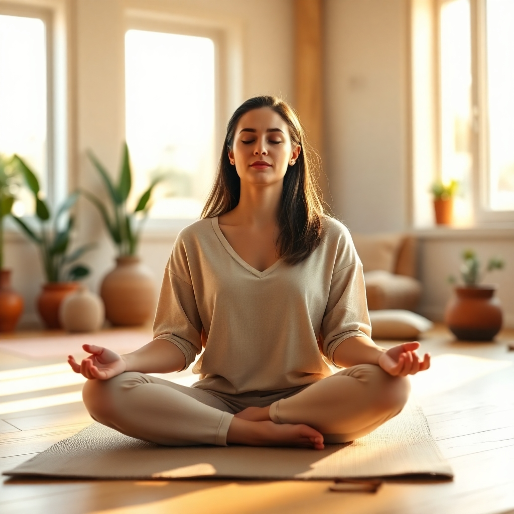 Create a photorealistic, ultra-high quality header image (8K resolution, hyperrealistic style) for a website called "Carnivore and Affirmations."  The image should feature a person, appearing to be in their 30s, with a calm and serene expression, sitting comfortably in a sun-drenched yoga studio. They are meditating with their eyes closed, hands resting gently on their knees. The lighting should be soft and natural, with warm golden sunlight streaming through large windows. The color palette should be warm and inviting, with earthy tones such as terracotta, beige, and cream dominating, complemented by accents of deep green. The overall mood should be peaceful and mindful.  The camera angle should be slightly elevated, offering a three-quarter view of the person, focusing on their serene facial expression.  The person's attire should consist of comfortable, neutral-colored clothing made of natural fabrics with a visible soft texture (e.g., linen or cotton). The yoga studio should feature minimalistic decor: light-colored wooden floors, a few plants in terracotta pots, and soft, natural textures like woven rugs and cushions. The background is blurred, drawing attention to the person in the foreground. The style should reference the works of Annie Leibovitz and Platon, emphasizing natural beauty and emotional depth. Include subtle textures like the weave of a yoga mat under the person, and the slightly rough texture of the wooden floor. Add small details that reinforce the self-care theme—like a small crystal or an incense stick burning gently in the background, to evoke feelings of calmness, mindfulness, and self-compassion., ultra high resolution, photorealistic, 8K, hyperdetailed, cinematic lighting