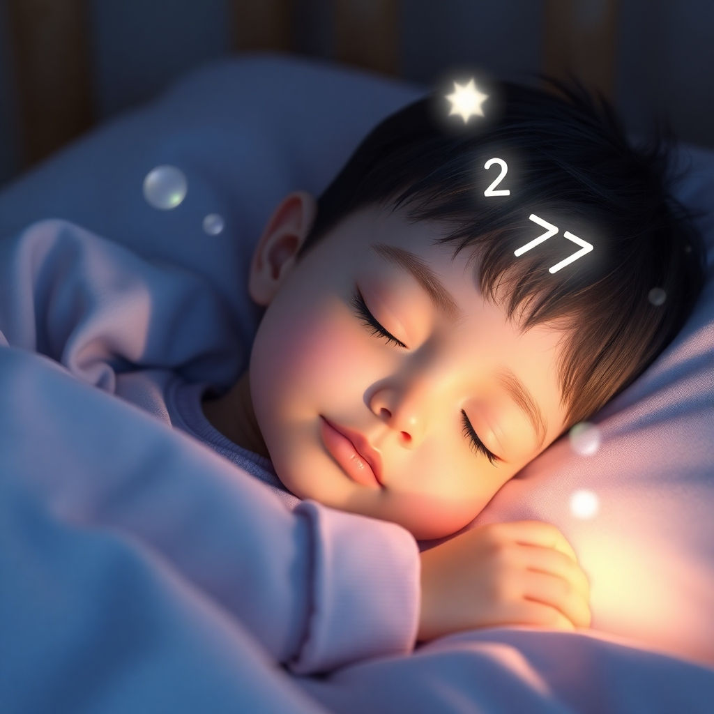 Create a photorealistic, ultra-high quality 8K resolution image.  The scene should depict a child, approximately 5-7 years old, peacefully sleeping in their bed. Soft, warm light from a nightlight illuminates the child's face, casting gentle shadows.  The color palette should be calming pastels: blues, lavenders, and soft pinks.  Floating around the child are glowing, ethereal orbs of light, subtly animated to create a sense of gentle movement.  The overall feeling should be one of tranquility and peace.  The texture of the child's pajamas and bedding should be clearly visible.  The background should be softly blurred, hinting at a cozy bedroom environment. Include a subtle visual element representing the number '2' and '777' appearing softly around the child's head. Style references:  Combine elements from Studio Ghibli animation style and fine art portraiture. Focus on realism and subtle magic in the composition.  The camera angle should be slightly elevated, looking down at the child.  The image must be hyperrealistic, conveying an ultra-high-definition quality, rich in texture and detail.