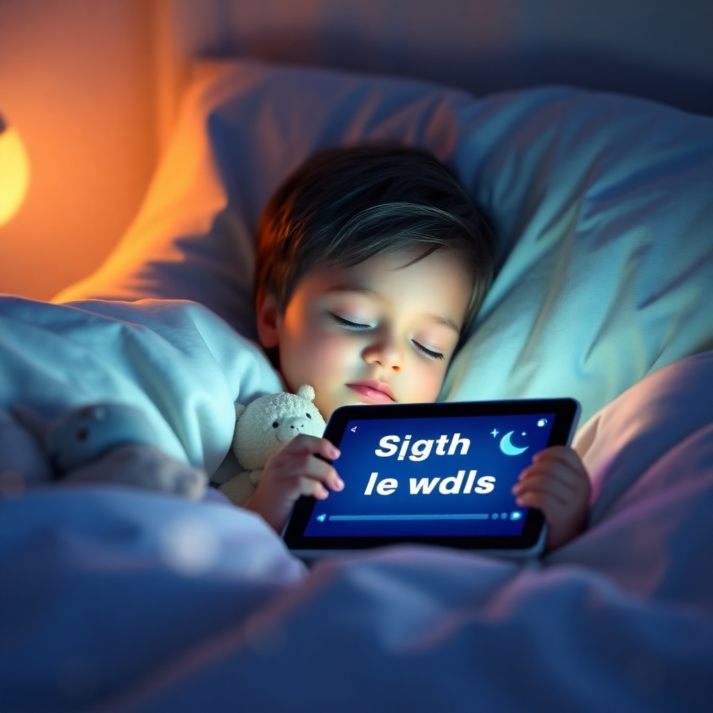 Create a photorealistic, ultra-high-quality 8K resolution image. The scene should depict a child peacefully sleeping in their bed, illuminated by soft, warm light from a nightlight.  A subtle glow emanates from a tablet playing a video of sight words overlaid with calming visuals. The color palette should be soft pastels: blues, greens, and lavenders. The overall mood should be serene and inviting, emphasizing tranquility and learning. Include subtle particles of light to suggest a magical ambiance.  The texture should be soft, focusing on the child's peaceful expression, soft bedding, and smooth tablet surface. The camera angle should be slightly elevated, looking down on the sleeping child.  The environment is a quiet bedroom at night. Props include a soft plush toy, a nightlight, and the tablet playing the sight word video. Style references include Studio Ghibli films for their magical lighting and soft color palettes.  The image should be hyperrealistic, with exceptional detail and a dreamy atmosphere.
