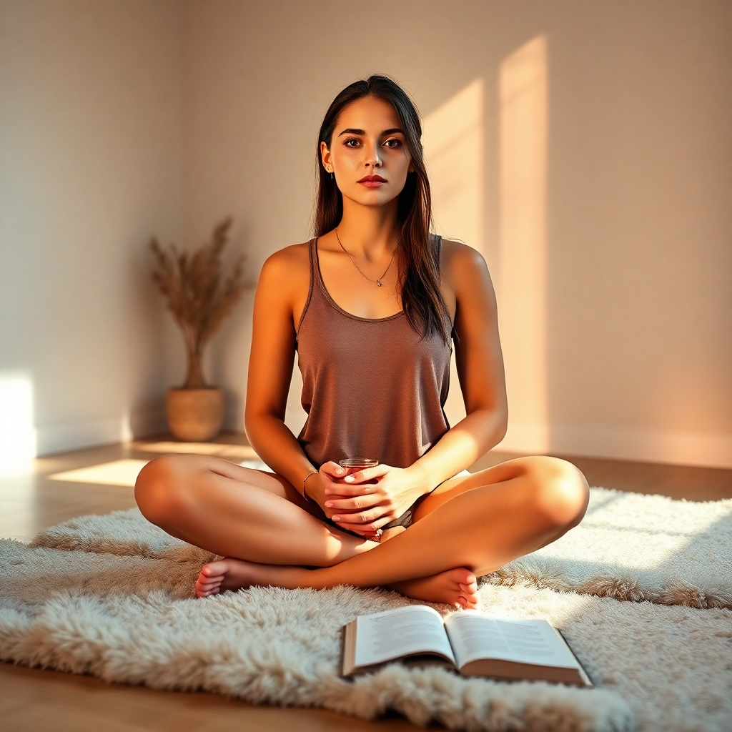 Create a photorealistic, ultra-high definition (8K resolution) header image for a YouTube channel focused on Carnivore and Affirmations. The image should evoke a sense of calm strength and resilience.  The composition should feature a person, likely female, in their late 20s to early 30s, with a serene expression, sitting cross-legged on a plush, textured rug in a minimalist, sun-drenched room. The lighting should be soft and natural, mimicking golden hour sunlight streaming through a large window, casting warm light on the subject. The color palette should be earthy and calming – think muted oranges, deep browns, creams, and touches of sage green. The mood should be one of peaceful contemplation and inner strength. The camera angle should be a slightly elevated three-quarter shot, emphasizing the subject's serene facial expression and posture. The rug should have a visible, luxurious texture, perhaps sheepskin or a high-quality woven material. The background should be simple, possibly featuring a few carefully chosen, uncluttered plants, or a sparsely decorated wall with a warm, neutral tone. Relevant props might include a steaming mug of bone broth, and a small, open book containing affirmations.  The overall style should be reminiscent of high-end lifestyle photography, with a touch of modern minimalism and spiritual calmness.  The image should be hyperrealistic, with exceptionally detailed textures and a painterly quality to the light and shadow.  Think of a blend of Annie Leibovitz's portrait style and the calming aesthetic of a wellness retreat., ultra high resolution, photorealistic, 8K, hyperdetailed, cinematic lighting