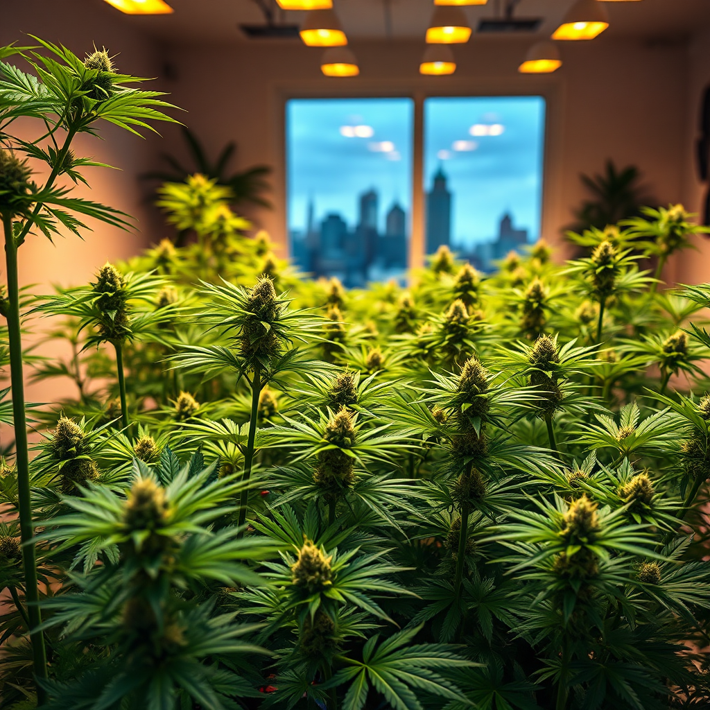 Create a photorealistic, ultra-high quality header image for 'Norfolk City Cannabis Hub'. The scene depicts a flourishing indoor cannabis grow operation in a modern, well-lit Norfolk home. Focus on healthy, vibrant plants in various stages of growth. In the background, subtly show the Norfolk city skyline. Lighting should be warm and inviting, highlighting the lush green foliage. The color palette should be dominated by greens, accented by the warm tones of the grow lights and the neutral colors of the interior. The camera angle should be a slightly low angle, emphasizing the scale and abundance of the grow. Include details like trichomes on the buds, detailed leaf textures, and the reflective surfaces of the grow equipment. Props include advanced hydroponic systems and digital monitoring devices. The style should evoke a sense of legal compliance and responsible home cultivation. 8K resolution, hyperrealistic.