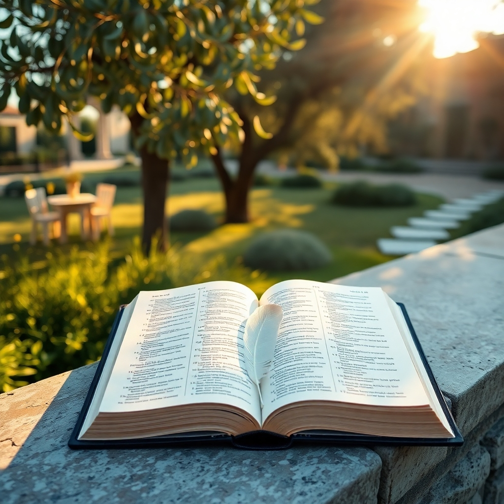 Create a photorealistic, ultra-high-quality header image. The scene depicts a serene, sunlit garden with an open KJV Bible resting on a weathered stone bench. Soft, golden light filters through the leaves of ancient olive trees, illuminating the pages of the Bible. A gentle 777Hz angelic frequency is visualized as subtle, glowing waves emanating from the book. Include a single, white feather resting delicately on the Bible. The overall color palette is warm and inviting, with golds, greens, and soft blues. The camera angle is slightly above, offering a welcoming perspective. Focus on the texture of the stone, the aged paper of the Bible, and the delicate details of the feather. Hyperrealistic details, 8K resolution.
