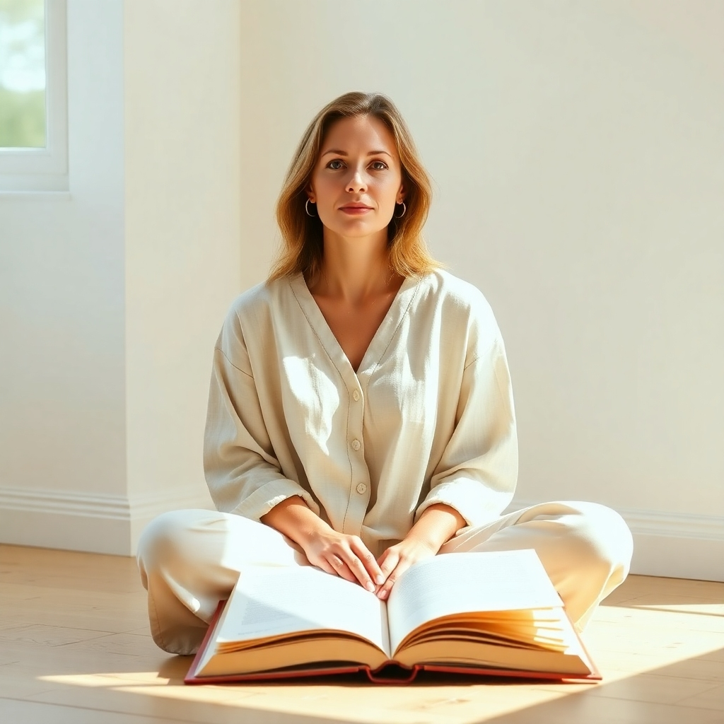 Create a photorealistic, ultra-high-resolution (8K) header image for the website Carnivore and Affirmations. The image should evoke a feeling of calm strength and inner peace.  The composition should feature a person, appearing to be in their 30s to 40s with a confident and serene expression, sitting peacefully in a sun-drenched, minimalist room.  The person should be slightly off-center, leaving ample negative space to draw the viewer's eye.  They are wearing comfortable, neutral-colored clothing; perhaps linen or cotton. Natural light streams in from a large window to the left, casting soft, warm shadows. The color palette should be warm and inviting, utilizing earthy tones like beige, cream, and muted greens, with accents of deep reds or oranges to represent passion and energy. The mood should be contemplative yet uplifting. The camera angle should be slightly elevated, creating a respectful yet intimate perspective. The person's skin should appear smooth with a natural, healthy glow, reflecting the positive effects of affirmations.  The textures in the image should be varied, emphasizing the softness of clothing and the smoothness of skin against the subtle textures of the wooden floor or a light-colored rug.  There should be minimal environmental elements, focusing on the person and the feeling of serenity.  As props, include a single, open book with neutral-toned pages, possibly resting on a small, light-colored side table.  Style references: Annie Leibovitz for the portraiture style and the minimalism of Scandinavian design.  The overall image should feel luxurious and aspirational, aiming for a hyperrealistic rendering with meticulous attention to detail, demonstrating the profound effects of positive affirmations on the human body and spirit., ultra high resolution, photorealistic, 8K, hyperdetailed, cinematic lighting