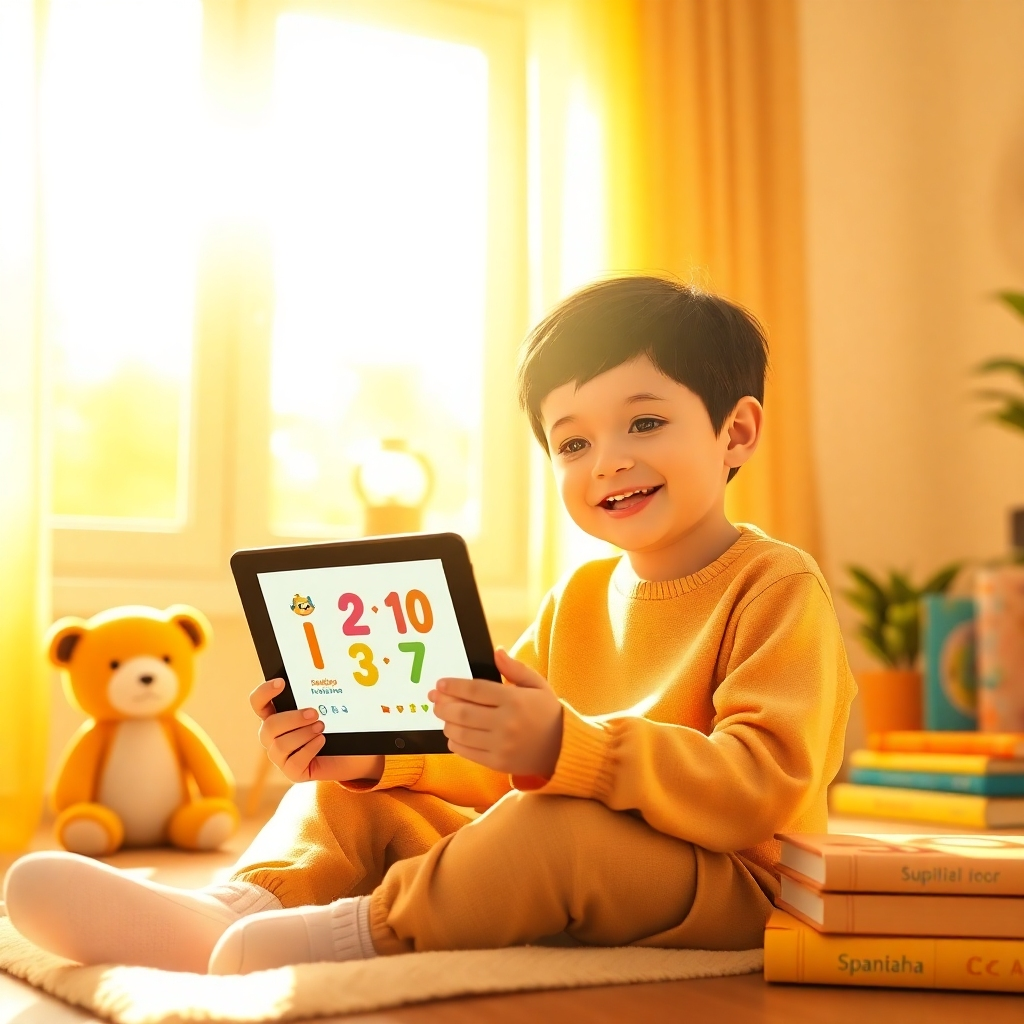 Create a photorealistic, ultra-high-quality 8K resolution image.  The scene should depict a happy child, approximately 7-8 years old, sitting in a sun-drenched room.  They are engaged with a tablet displaying vibrant numbers 1-10 in Spanish, each number accompanied by a cheerful illustration.  Golden light streams in from a large window, creating a warm and inviting atmosphere. The color palette is bright and cheerful, with soft yellows, oranges, and blues dominating.  The child's expression should be one of joyful concentration and accomplishment.  The overall texture is smooth and clean, with soft shadows and highlights.  The camera angle should be slightly elevated, creating a friendly perspective. Relevant props include a plush toy, a colorful plant, and books in Spanish. The style should be reminiscent of children's educational apps, promoting a sense of calm and positivity. The image should convey a sense of effortless learning and the positive energy associated with it.  The overall feel should be uplifting and encouraging. The style should evoke a sense of playful learning, inspired by the works of Studio Ghibli and children's books by authors like Beatrix Potter.