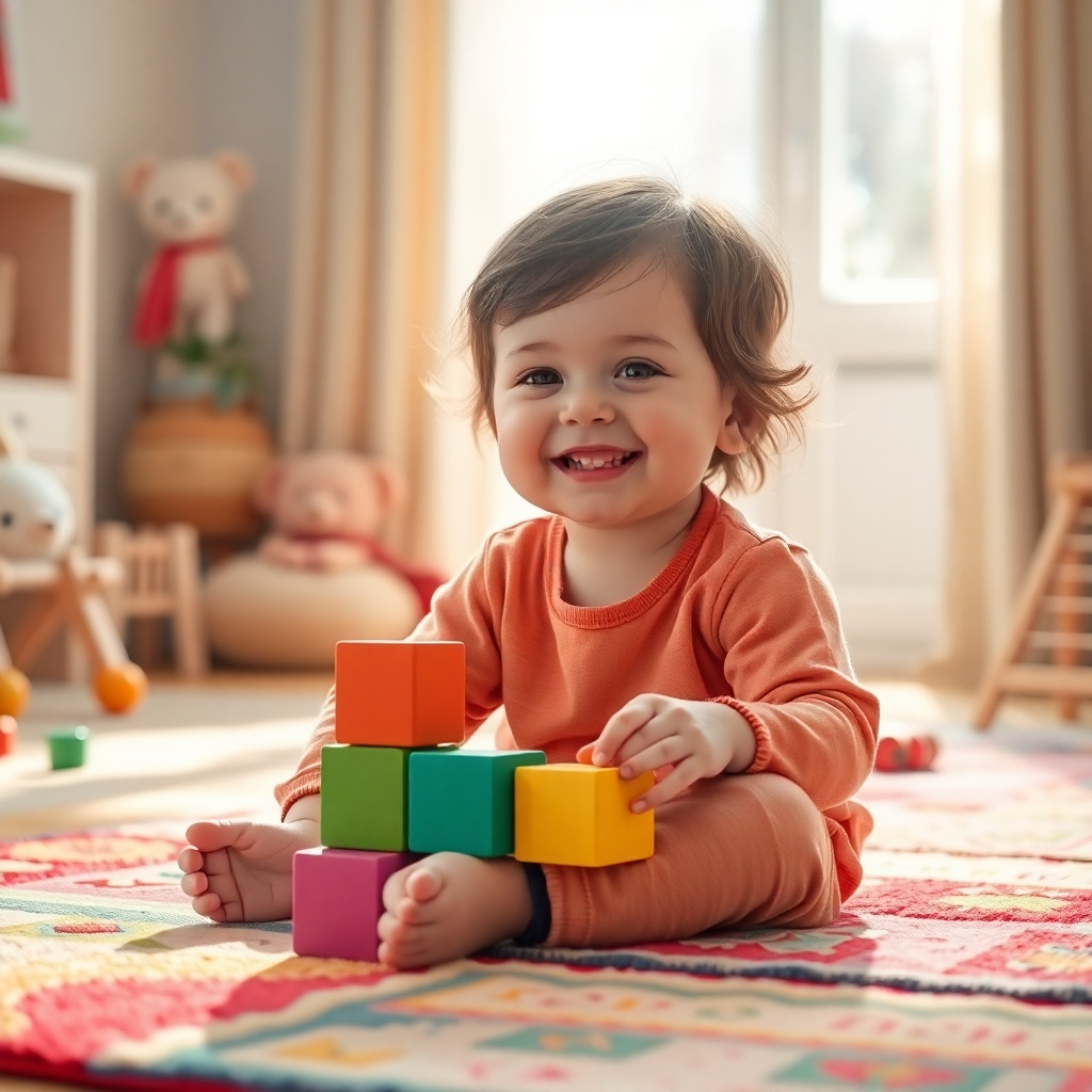Create a photorealistic, ultra-high quality 8K resolution image. The scene should depict a happy child, around 4-6 years old, sitting comfortably on a colorful rug. They are joyfully engaged with a set of brightly colored, geometric building blocks, forming a simple shape. Soft, angelic light streams in from a nearby window. The color palette is warm and inviting, with pastel hues dominating. The camera angle is slightly elevated, offering a friendly perspective.  The child's expression should be one of pure delight and accomplishment.  Textures should be detailed and realistic—soft rug fibers, smooth wooden blocks.  The background is subtly blurred but shows a bright and airy playroom with other toys visible.  Relevant props include the blocks, a stuffed animal, and possibly a musical instrument (like a xylophone). The overall style should evoke a sense of calm, joy, and wonder.  Reference images could include works by famous children's book illustrators known for their soft, whimsical style.  The final image should look hyperrealistic and evoke a sense of gentle learning and positive affirmation.