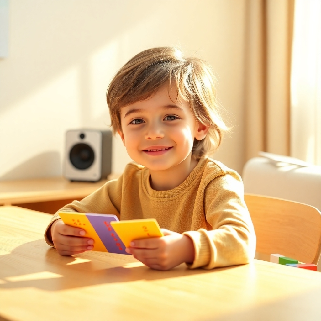 Create a photorealistic, ultra-high-quality 8K resolution image. The scene should depict a child, around 8-10 years old, sitting comfortably at a desk bathed in soft, warm sunlight. They are smiling and engaged with colorful multiplication flashcards. In the background, soft 432Hz sound waves gently emanate from a small speaker, visualized as calming pastel-colored waves.  The overall color palette is bright and cheerful, featuring warm yellows, calming blues, and hints of green. The desk is made of light-colored wood. The child's expression should convey a sense of calm focus and accomplishment. The style should be reminiscent of a heartwarming family photograph, focusing on the child's genuine joy of learning.  Include subtle texture details like the grain of the wood, the soft texture of the child's clothing, and the slightly rough texture of the flashcards.  The camera angle is slightly elevated, looking down on the child, creating a gentle and approachable perspective. Props include colorful building blocks subtly in the background, suggesting a playful learning environment.