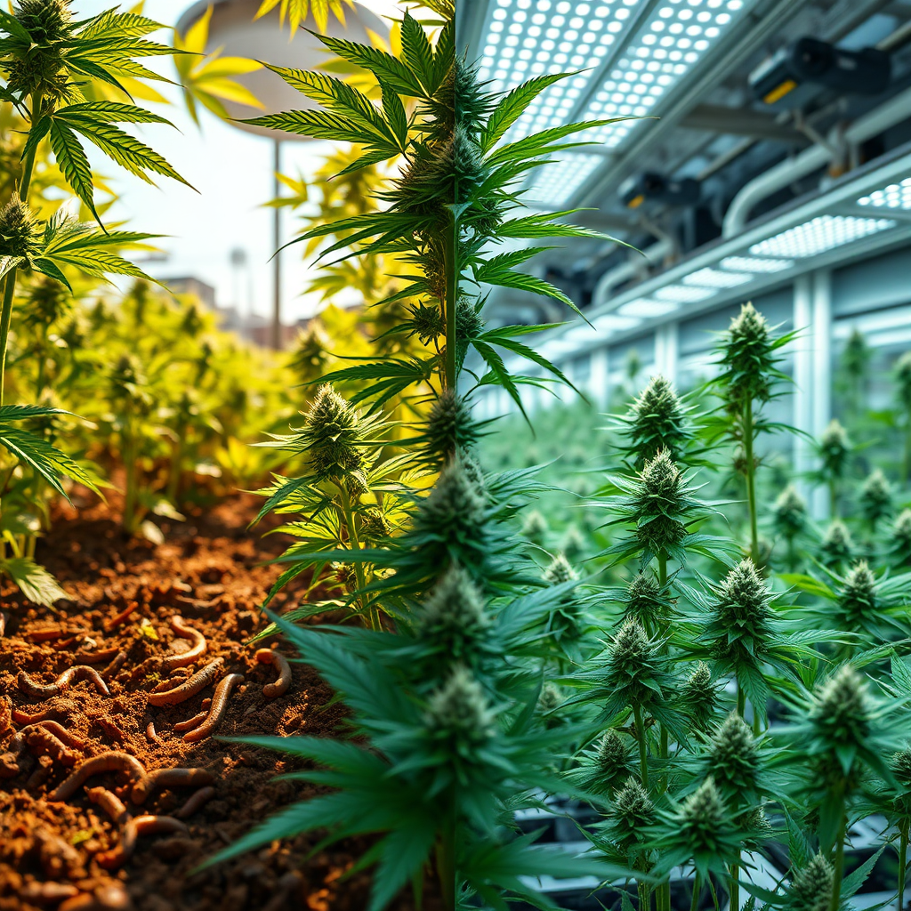 Create a photorealistic, ultra-high quality header image for 'Norfolk City Cannabis Hub.' The subject should be a split-screen: one side depicts lush, vibrant cannabis plants flourishing in an organic, sun-drenched garden with rich soil and earthworms visible, while the other side shows similarly healthy plants in a sterile, high-tech hydroponic setup with nutrient solution tanks. The lighting should be dramatic, with the organic side bathed in warm sunlight and the synthetic side illuminated by cool, efficient LED grow lights. The color palette should be vibrant greens, earthy browns, and clean blues/whites. Capture the scene from a low angle to emphasize the height and health of the plants. Texture details should be incredibly sharp – showing trichomes glistening on the buds. Include elements like a watering can on the organic side and measuring tools on the synthetic side. The environment should subtly hint at Norfolk's urban landscape in the background. The image should evoke a sense of scientific curiosity and natural abundance, referencing the debate around organic versus synthetic nutrients. Style reference: High-end scientific publication cover. Technical specs: 8K resolution, hyperrealistic rendering.