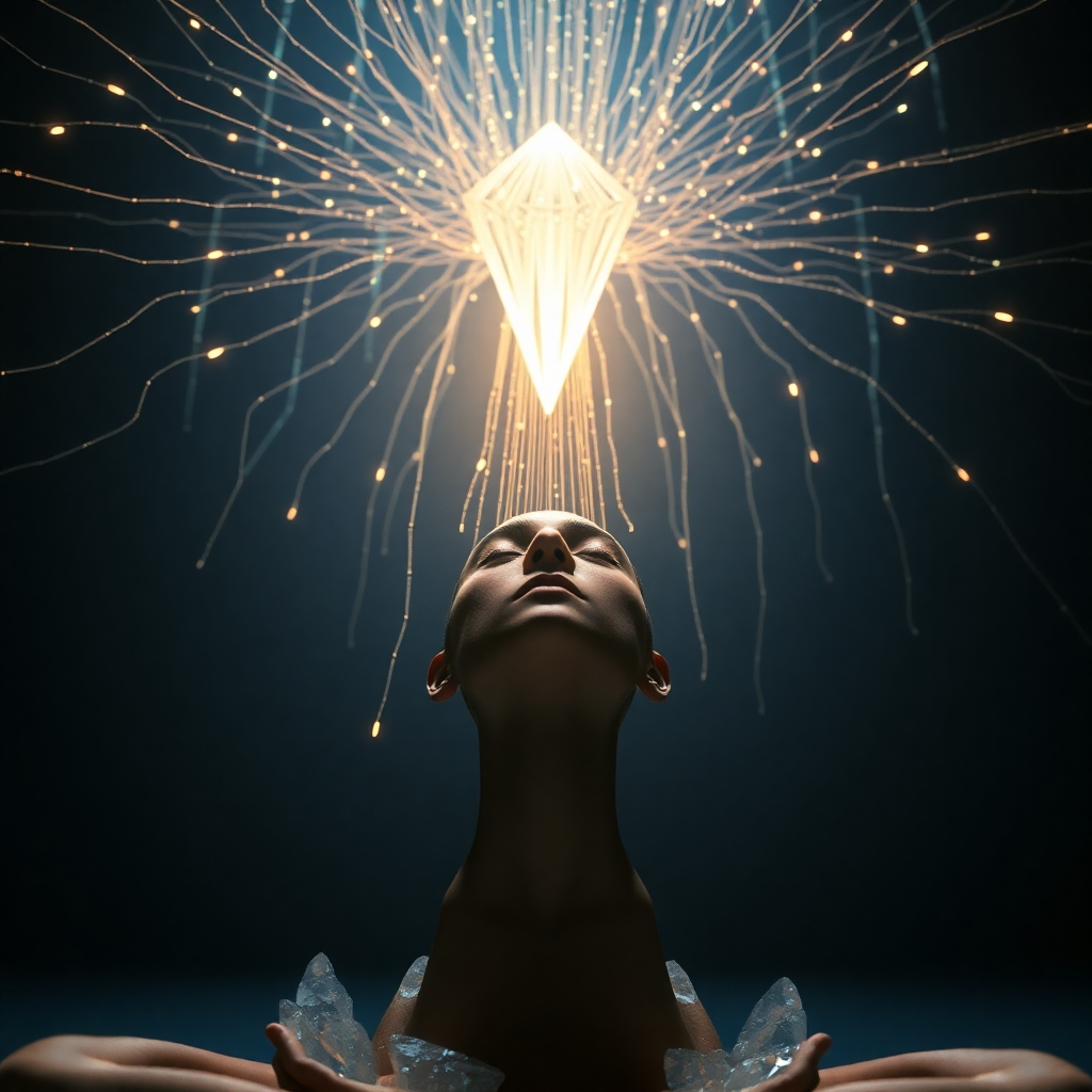 Create a photorealistic, ultra-high quality 8K image. The scene should depict a serene individual meditating in a dimly lit room, with strands of light emanating from their forehead, forming a connection to a cosmic web overhead. This web, representing the 'Matrix,' begins to unravel and fade as the light intensifies. The individual's expression is one of peaceful awakening and empowerment. Use a color palette of deep blues and purples for the background, with golden and white light highlighting the individual and the unraveling Matrix. The camera angle should be a slightly low angle, emphasizing the individual's upward gaze. Texture details should include realistic skin tones, intricate patterns on the cosmic web, and subtle light rays. Add some crystals surrounding the person as props. Style reference: a blend of spiritual art and cyberpunk aesthetics. Hyperrealistic details are crucial.