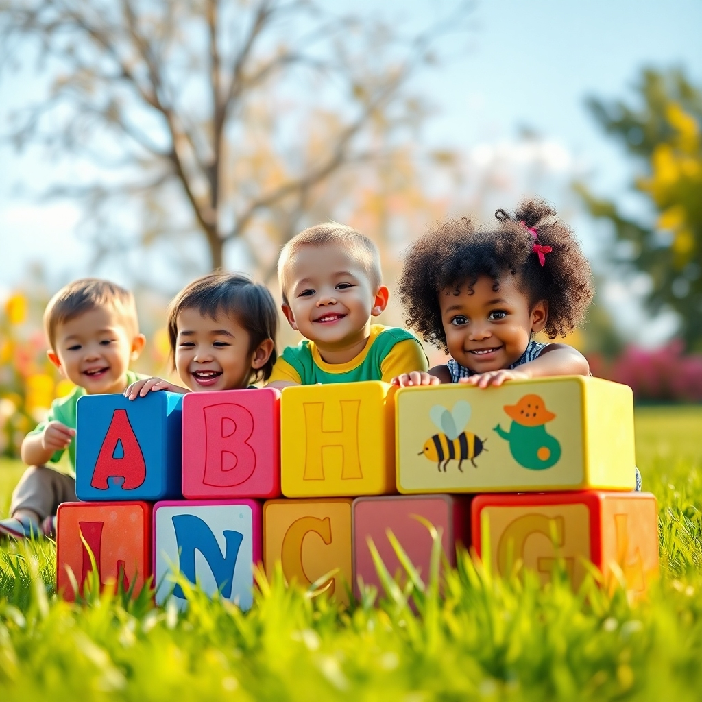 Create a photorealistic, ultra-high-quality 8K resolution image depicting a diverse group of happy children (ages 3-8) engaging with oversized, colorful alphabet blocks. Each block features a vibrant illustration related to its letter, such as an apple for 'A', a bee for 'B', and so on. The scene should be set outdoors in a sunny, playful environment, such as a vibrant garden or a park with soft, natural light. Use a shallow depth of field to focus on the children's expressions of joy and excitement. The color palette should be bright and cheerful, with warm, inviting tones. The texture of the grass, the children's clothing, and the alphabet blocks should be highly detailed. The overall style should be reminiscent of classic children's book illustrations combined with hyperrealism. The camera angle should be slightly elevated, creating a sense of warmth and inclusion.  Reference artists like Norman Rockwell and Beatrix Potter for inspiration.