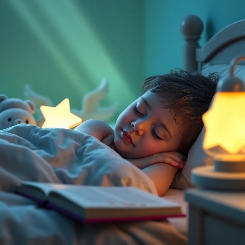 Create a photorealistic, ultra-high quality 8K image. The scene depicts a child, around 6-8 years old, peacefully sleeping in their bed. Soft, warm light emanates from a nightlight shaped like a star, casting a gentle glow on the child's face.  The room is calming and serene, painted in pastel blues and greens.  Visible are soft plush toys, a children's book resting on the nightstand.  Subtle beams of light suggest the presence of angelic beings in the background. The color palette is soft and muted, emphasizing tranquility and peace. The camera angle is slightly elevated, offering a gentle, protective viewpoint.  The texture details should be hyperrealistic, showing the soft texture of the bedding, the child's hair, and the plush toys. The overall style should evoke a sense of magical realism, referencing classic children's book illustrations with a modern, hyperrealistic twist.  The image must convey a feeling of deep relaxation and peaceful sleep.