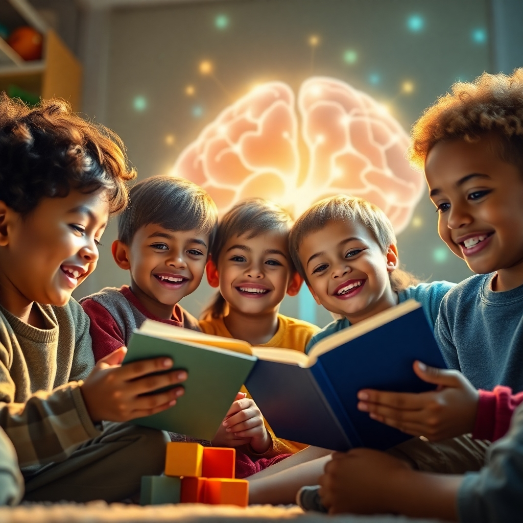 Create a photorealistic, ultra-high quality header image depicting a diverse group of children, ages 6-10, radiating joy and confidence. The children should be engaged in activities that represent growth and learning, such as reading, playing, and helping each other. The background should subtly incorporate elements of a brain, perhaps with glowing neural pathways visible through a semi-transparent overlay. Lighting should be warm and inviting, creating a sense of optimism and possibility. Use a vibrant color palette with blues, greens, and yellows. The camera angle should be slightly low, making the children appear empowered. Texture details should be hyperrealistic, capturing the fine details of their clothing and expressions. The environment should evoke a sense of a nurturing and supportive community. Props might include books, building blocks, and musical instruments. The style should be similar to a stock photo featured in "National Geographic Kids." Aim for 8K resolution and hyperrealistic rendering.