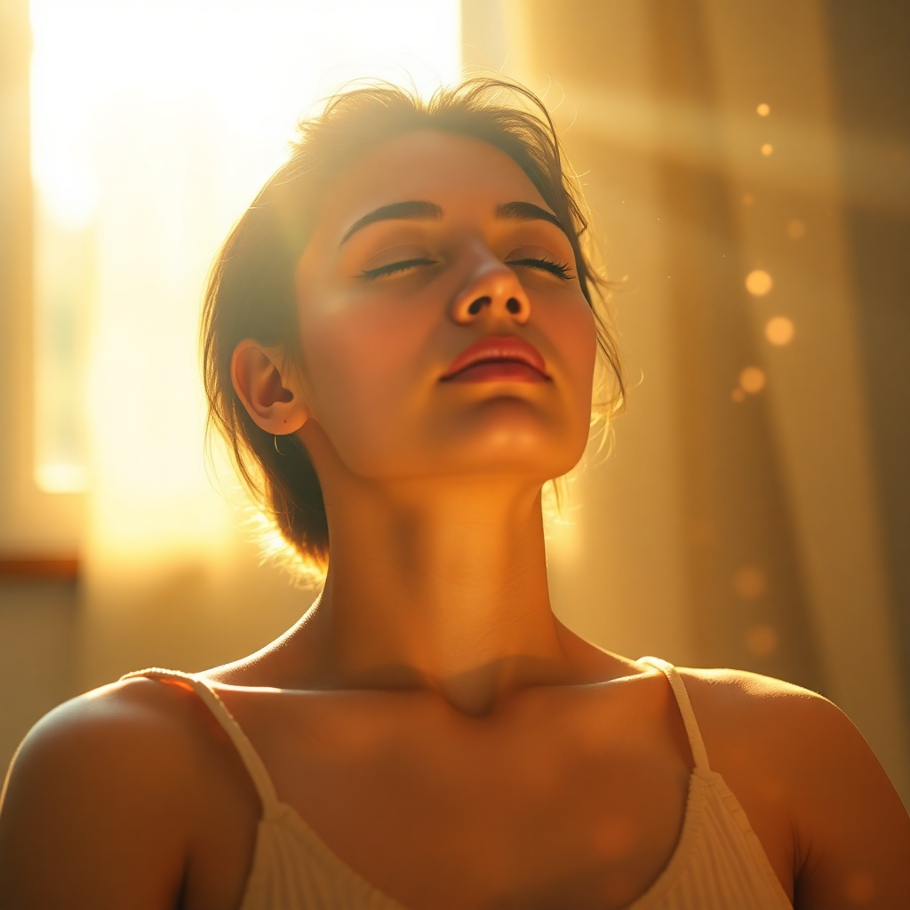 Create a photorealistic, ultra-high quality header image showcasing the essence of a high-vibe morning. The subject is a serene individual, eyes closed, meditating in a sunlit room. Soft, golden light streams through a window, illuminating dust motes dancing in the air. The individual is surrounded by subtle visual cues representing affirmations, such as gently glowing text overlays or symbolic objects like crystals and singing bowls. The color palette should be warm and inviting, dominated by soft yellows, oranges, and gentle blues. Use a slightly low camera angle to emphasize the individual's peaceful presence. Texture details should be incredibly realistic, capturing the softness of the individual's skin and the fine details of the surrounding environment. Style: Hyperrealistic, with a touch of ethereal quality. Technical specs: 8K resolution, hyperrealistic rendering.