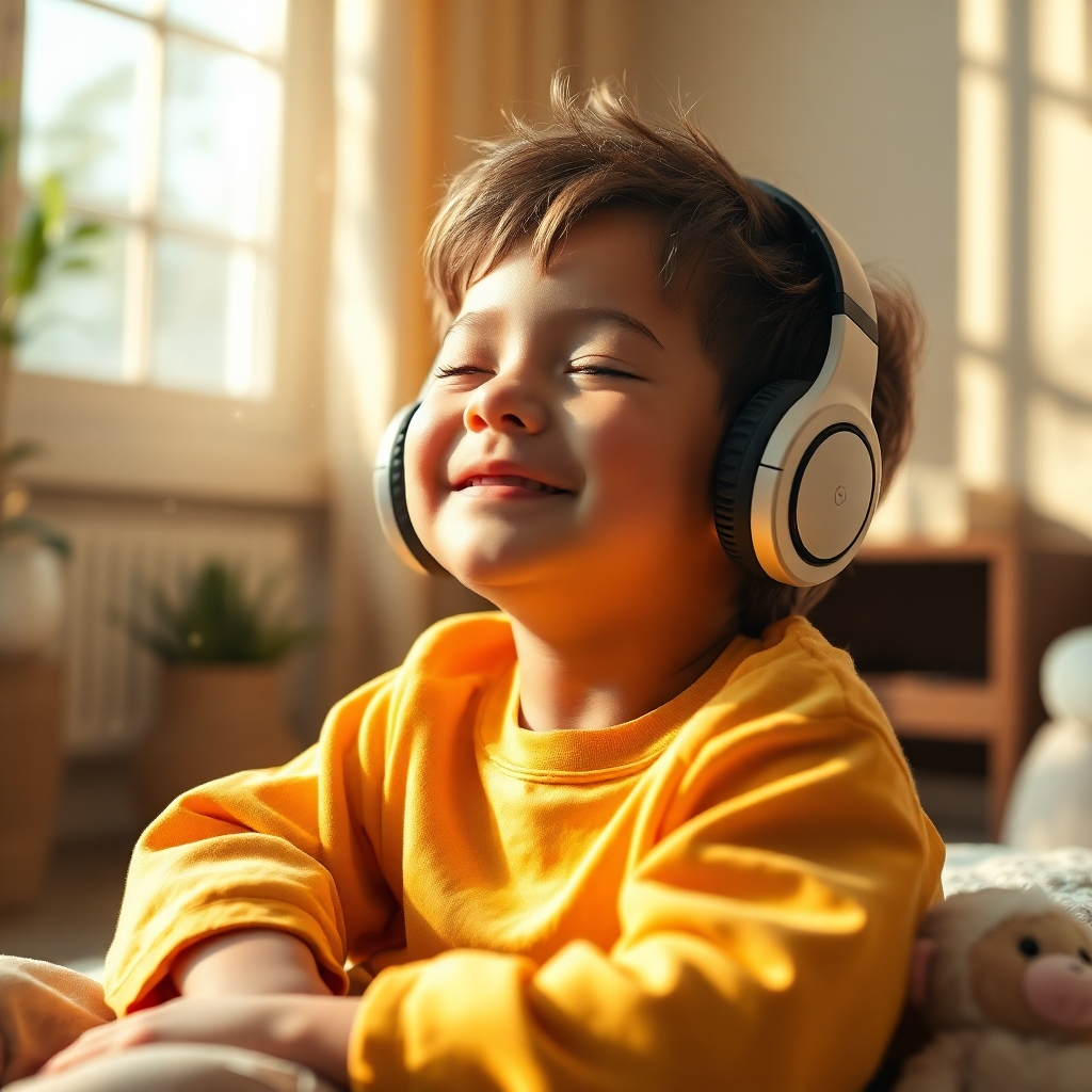 Create a photorealistic, ultra-high-quality 8K resolution image.  The scene should depict a happy child, around 7-8 years old, sitting peacefully in a sunlit room.  They are listening to headphones, eyes closed, a serene expression on their face.  Soft, warm light streams in from a large window, illuminating dust motes in the air. The color palette is warm and inviting, with soft yellows, oranges, and creams dominating. The child wears comfortable, bright clothing.  The room is subtly decorated with nature-themed elements – perhaps a few plants and soft textures. The focus is sharp on the child, with a shallow depth of field blurring the background slightly. The overall style should evoke a sense of calm and tranquility, similar to the work of Annie Leibovitz in terms of realism and lighting. The texture of the child's hair, clothing, and the room's surfaces should be highly detailed and realistic.  Subtle sparkles are visible, suggesting a magical, ethereal quality. Include details such as the reflection of light in the child's eyes and the subtle movements in the child's hair and clothing.  The camera angle is slightly elevated, looking down on the child from above at about a 30-degree angle.  Props include a plush toy nearby, slightly out of focus, hinting at playfulness but not overwhelming the peaceful atmosphere.