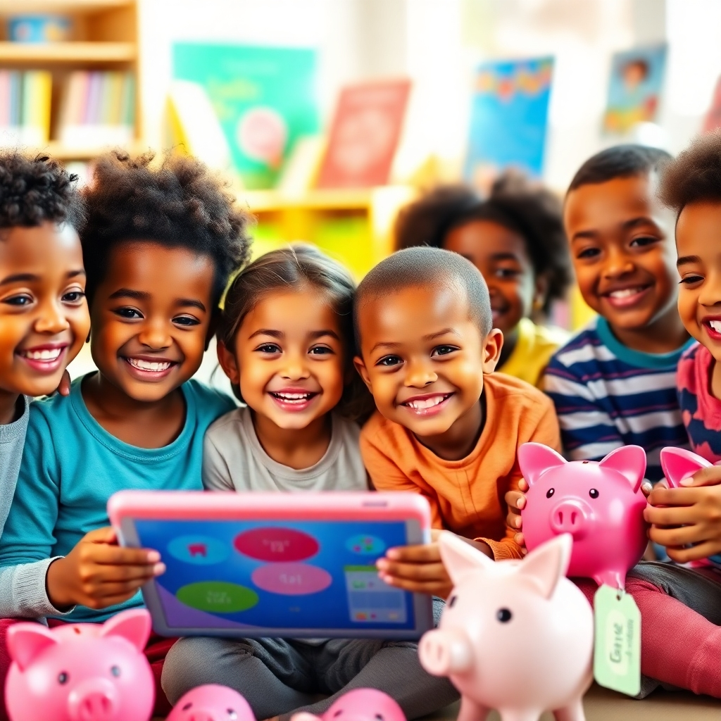 Create a photorealistic, ultra-high-quality 8K resolution image. The image should depict a diverse group of happy, engaged children of various ages, sitting together in a vibrant, sunlit classroom. They are surrounded by colorful, child-friendly learning materials, including piggy banks, play money, and interactive educational tablets. One child is smiling as they use a tablet to access a wealth affirmation app, while other children are actively involved in a playful saving-money activity. The overall composition should convey a sense of joy, collaboration, and financial literacy. Use a bright and cheerful color palette with warm, inviting tones. The camera angle should be slightly elevated, offering a heartwarming perspective of the children’s activities.  The image should have a shallow depth of field, focusing sharply on the children's faces.  It should be in a hyperrealistic style, with detailed textures on the children's clothing and the learning materials.  The background should be slightly blurred but still visible, with hints of bookshelves and educational posters subtly blending into the scene. The lighting should be soft and natural, creating a welcoming and engaging atmosphere. Style reference:  Photography style of Annie Leibovitz with a touch of whimsical and colorful style from children’s book illustrations. The image should have a very high resolution to make it suitable for large display formats.