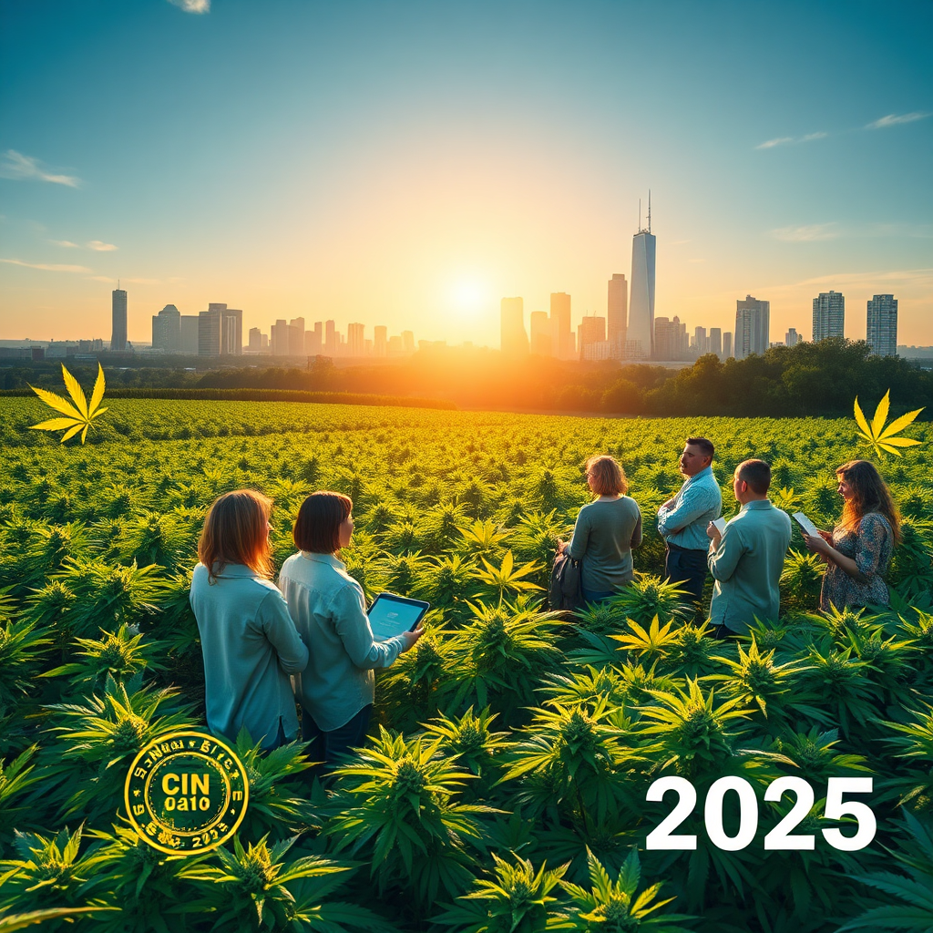 Create a photorealistic, ultra-high-quality 8K image representing the evolving landscape of cannabis legality in Virginia. The scene should depict a modern cityscape blending seamlessly into a lush, green cannabis field. In the foreground, a diverse group of people are engaged in educational discussions under the soft glow of the morning sun. Use a wide-angle lens to capture the vastness of the field and the city skyline. The color palette should be predominantly green and blue, with accents of gold to symbolize growth and prosperity. The image should evoke a sense of clarity, accessibility, and community. The style should be hyperrealistic, with sharp details and textures, referencing elements from stock photos and educational infographics. Include cannabis plants in various stages of growth, informational tablets displaying key legal points, and perhaps a stylized '2025' emblem subtly integrated. Lighting should be bright and optimistic, highlighting the promise of a regulated cannabis market.