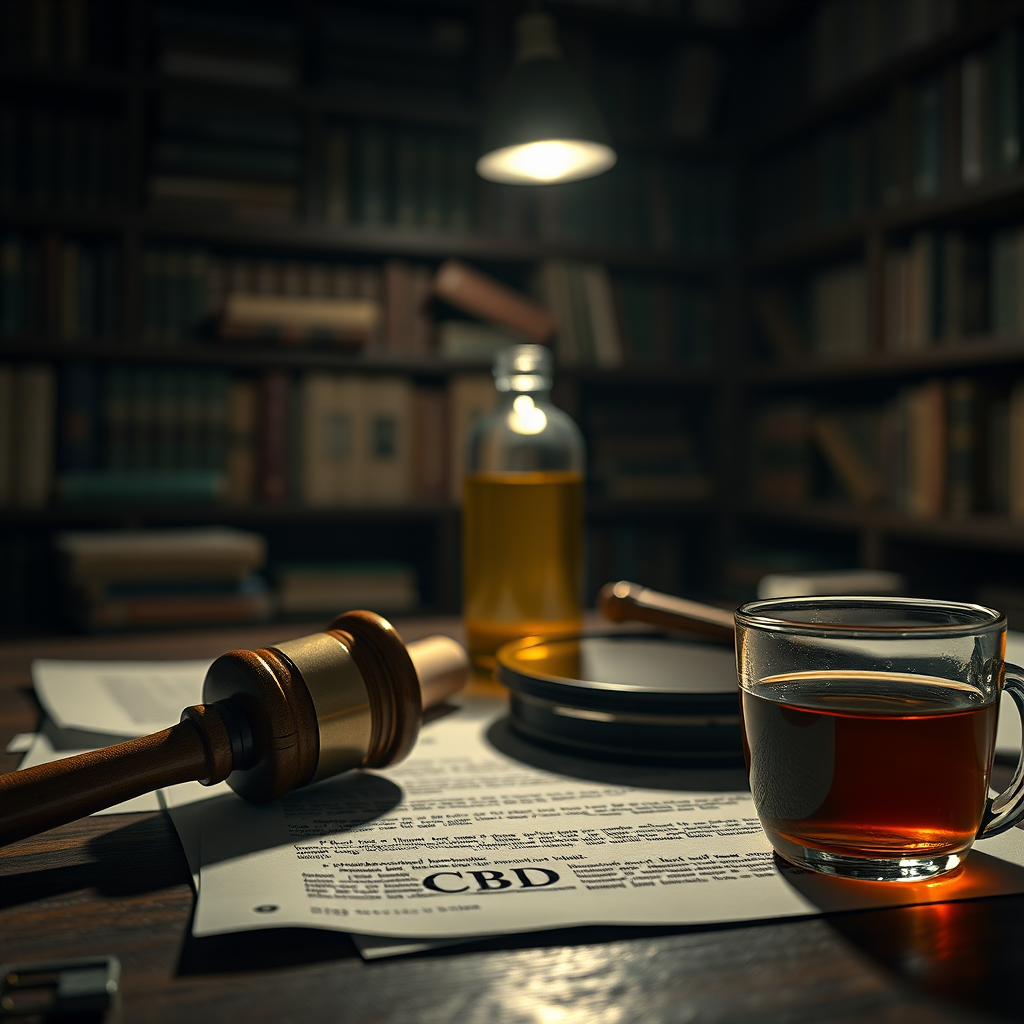 Create a photorealistic, ultra-high quality header image representing the 'Norfolk City Cannabis Hub' and the theme of Virginia's hidden CBD ban. The image should depict a close-up of a CBD product bottle, subtly blurred in the background, partially obscured by legal documents and a gavel. The lighting should be dramatic, with a single light source casting long shadows to symbolize secrecy. Use a muted color palette of greens, browns, and grays to convey a sense of caution. The camera angle should be slightly low, making the legal documents appear imposing. Texture details should be hyperrealistic, emphasizing the fine print on the documents and the condensation on the CBD bottle. The environment is a dimly lit study with overflowing bookshelves. Props include a magnifying glass resting on the documents and a half-empty cup of coffee. The style should evoke film noir. Technical specs: 8K resolution, hyperrealistic rendering.