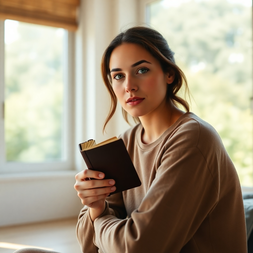 Create a photorealistic, ultra-high-definition (8K resolution) header image for the website Carnivore and Affirmations.  The image should evoke a feeling of calm strength and self-assuredness. The main focus is a person, gender neutral, appearing confident and serene, sitting in a sun-drenched, minimalist room with large windows overlooking a lush green landscape. The light should be soft and natural, emphasizing a warm, inviting atmosphere with a color palette of earthy tones (greens, browns, creams) and accents of deep teal. The person is gazing thoughtfully towards the viewer, holding a small, leather-bound journal in their hands. The journal should appear worn and well-loved, suggesting a history of personal growth. Their clothing should be simple, natural fabrics in earth tones. The background should be softly blurred, but the greenery and bright light should be clearly visible. The overall mood should be peaceful, optimistic, and empowering. The camera angle should be slightly elevated, creating an intimate yet respectful perspective. The image should be hyperrealistic, with attention paid to details like the texture of the skin, the softness of the fabrics, the grain of the wood, and the sheen of the journal's cover.  The style should be inspired by contemporary lifestyle photography with a touch of Scandinavian minimalism. The overall aesthetic should exude both a sense of sophisticated elegance and natural comfort. The image should be styled with artistic direction referencing the works of photographers such as Annie Leibovitz and Peter Lindbergh for their mastery of light and emotion., ultra high resolution, photorealistic, 8K, hyperdetailed, cinematic lighting