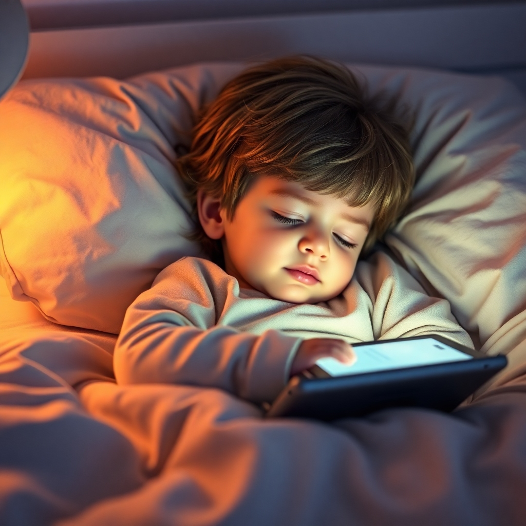 Create a photorealistic, ultra-high-quality 8K image. The scene should depict a child, around 7-8 years old, peacefully asleep in their bed, softly illuminated by a nightlight.  A soft glow emanates from a tablet or phone playing calming sleep music, subtly visible on their bedside table.  The room should be cozy and child-friendly, with pastel colors, soft textures (like a plush blanket and cuddly toy), and a sense of calm. The lighting should be warm and inviting, mimicking the soft glow of a moonlit night. The overall color palette should be soft blues, lavenders, and creams, creating a serene and tranquil ambiance.  The camera angle should be slightly elevated, looking down at the child. The texture of the bedding and the child's pajamas should be visible, contributing to the feeling of comfort and coziness.  The style should reference contemporary children's photography, emphasizing natural lighting and soft focus. The background should be subtly blurred to keep the focus on the child.  Include small details like a favorite stuffed animal or a comforting nightlight to reinforce the feeling of security and peace.  The image must be hyperrealistic, depicting every detail with utmost precision and clarity. The image should convey a sense of peaceful slumber, inner calm, and quiet confidence.  Think of the soft glow from a calming sleep music app, conveying the peaceful ambiance. This image should visually represent the feeling of boosted confidence and self-esteem attained through positive affirmations and calming sleep music.