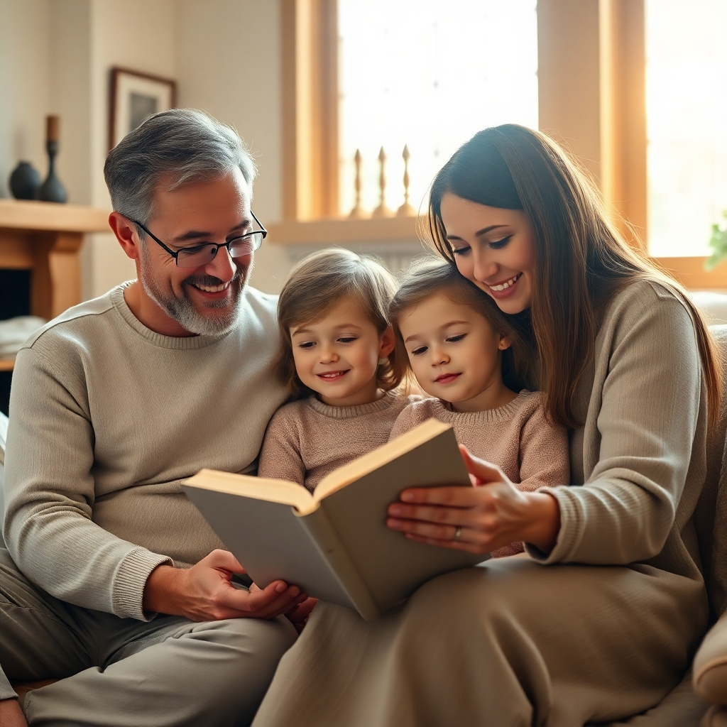 Create a photorealistic, ultra-high quality 8K resolution image.  The scene depicts a loving family – parents and two children – sitting together in a sunlit room. Soft, natural light streams through a large window, illuminating them warmly. The color palette is soft and natural, with creams, golds, and muted blues. The family is engaged in a shared activity: perhaps reading a Bible together or quietly meditating. The parents have gentle smiles, radiating peace and serenity. The children appear content and peaceful, embodying a sense of calm and connection.  The room itself is inviting and cozy, with warm wood tones and perhaps a fireplace in the background. Subtle textures are visible: the soft fabric of the parent's clothes, the worn pages of the book, the texture of the wooden furniture. The overall atmosphere is one of tranquility, love, and spiritual connection. The image should feel inviting and approachable, reflecting the warmth and love of a Christian family. The style should be reminiscent of classic family portraits, capturing a genuine moment of peaceful togetherness.  The camera angle is slightly elevated, creating a warm and intimate perspective. The composition should focus on the family's interaction, while still showcasing the peaceful and loving environment.  Incorporate subtle details such as sunlight streaming through stained-glass windows or a subtle glow representing the 528Hz frequency.