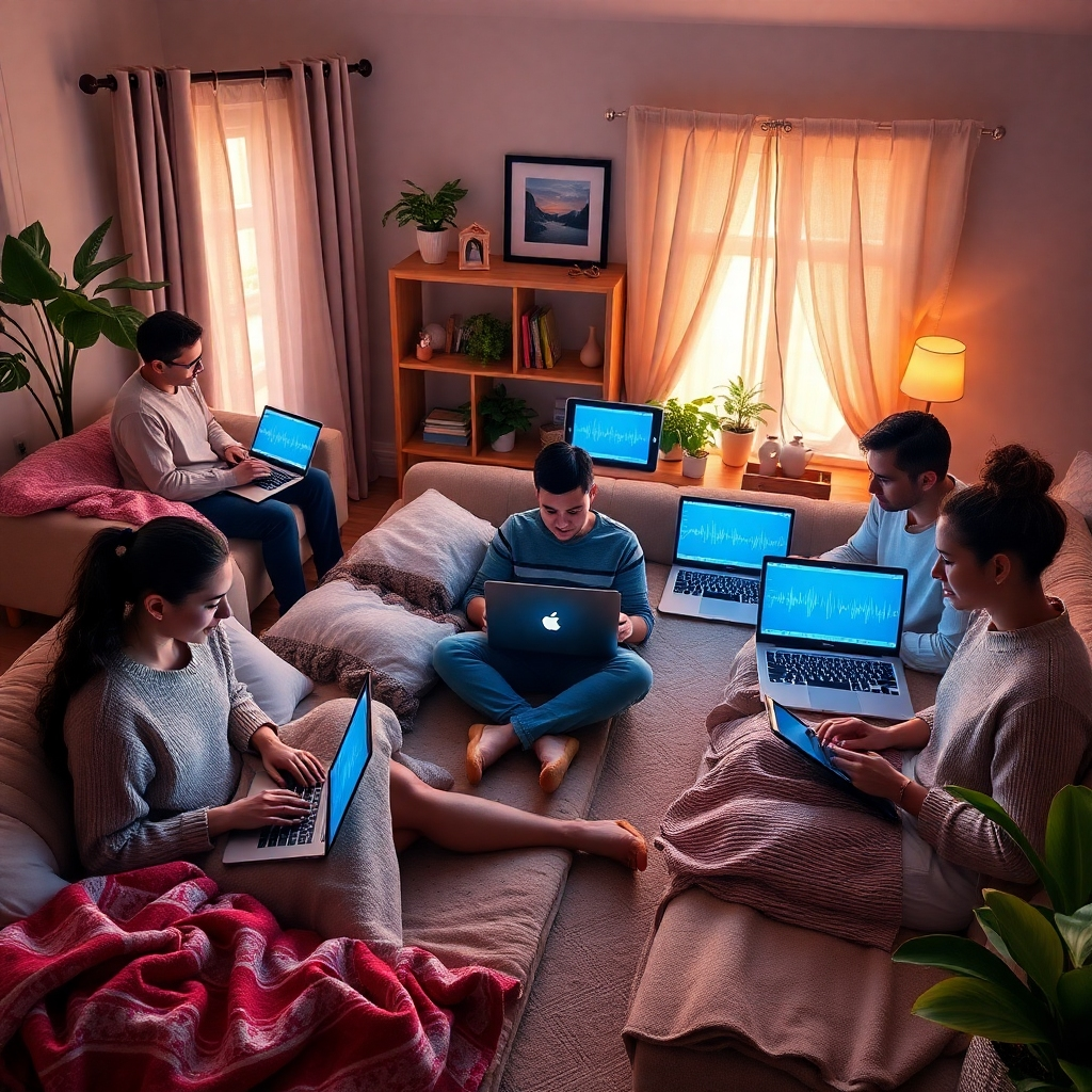 Create a photorealistic, ultra-high quality 8K header image. The scene shows a diverse group of individuals working remotely in aesthetically pleasing home environments, each bathed in soft, natural light. Focus on capturing the positive energy and productivity of remote work. Each individual should be actively engaged with laptops or tablets, showcasing Microsoft applications and AI tools. Subtle sound wave visualizations should emanate from some screens, symbolizing affirmations and positive frequencies. Incorporate elements like cozy blankets, ergonomic setups, and plants to emphasize comfort and well-being. The camera angle is slightly elevated to create a sense of overview and inclusion. The color palette should be warm and inviting, with accents of blue and green to represent technology and growth. Textures should be rich and detailed, highlighting the quality of the technology and the comfort of the surroundings. The overall style is modern and inspiring, reminiscent of a high-end tech advertisement. Hyperrealistic details are crucial to emphasize the professional and transformative nature of Afrekete's services.