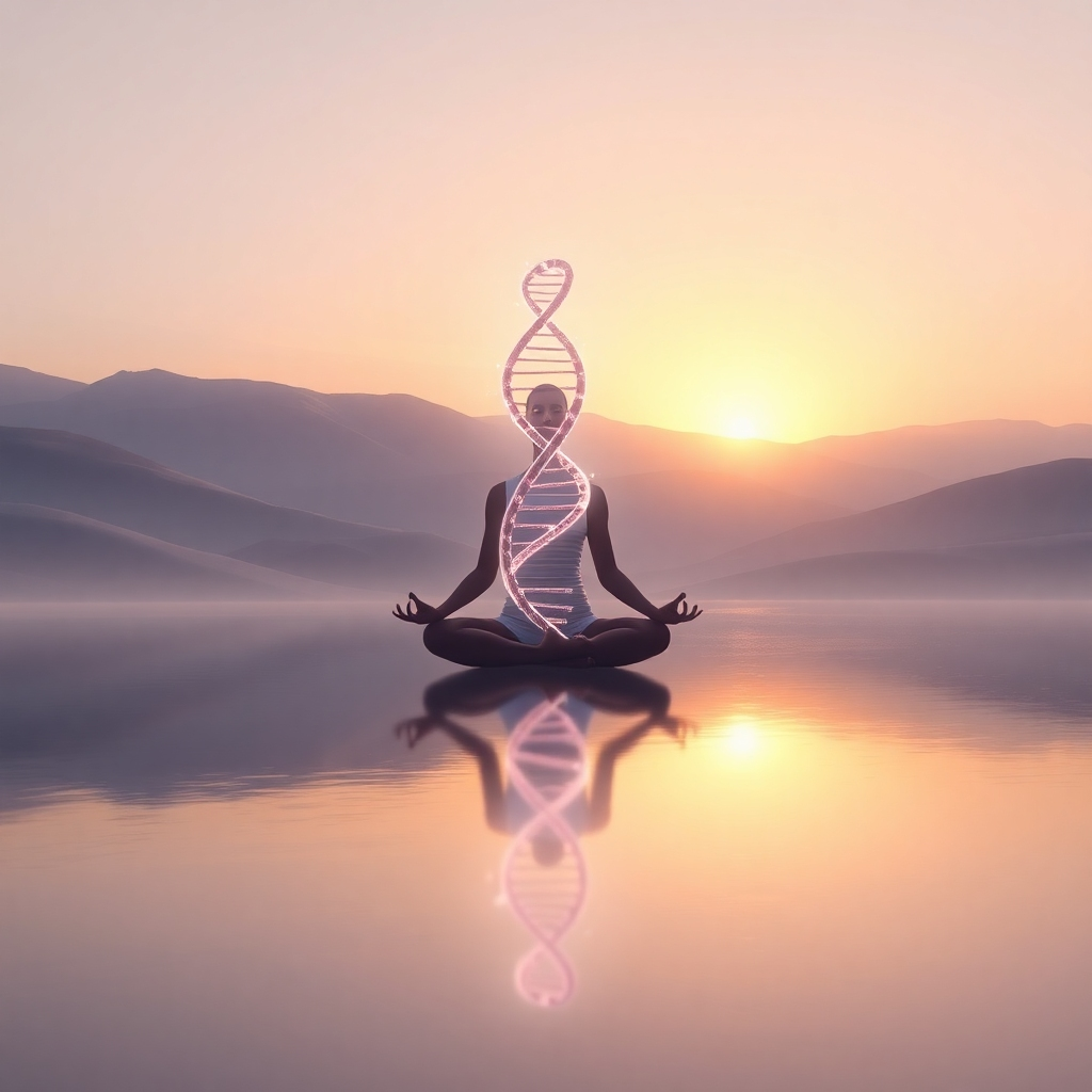 Create a photorealistic, ultra-high quality header image for 'Unplugged Matrix'. The central element is a glowing, double helix DNA strand subtly woven into a serene, ethereal landscape. Imagine a person meditating peacefully in a lotus position at sunrise. The landscape features soft rolling hills, a tranquil lake reflecting the pastel colors of the sky, and gentle rays of light emanating from above. The overall color palette should be calming and spiritual, with hues of lavender, gold, and light blue. Emphasize textures: the smooth surface of the water, the rough texture of the hills, and the intricate detail of the DNA strand. Use a wide-angle lens to capture the expansive landscape. Style reference: a blend of hyperrealism and spiritual art. Technical specs: 8K resolution, hyperrealistic rendering, cinematic lighting.