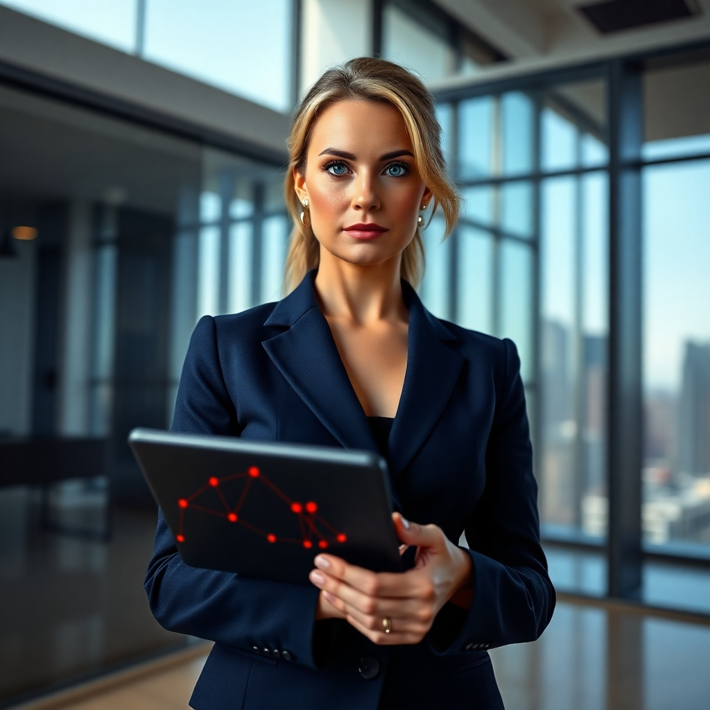 Create a photorealistic, ultra-high-definition (8K resolution) header image for a website focusing on identifying and avoiding con artists.  The image should feature a strong, confident woman in her late 30s, with piercing blue eyes and a determined expression.  She's standing slightly off-center, looking directly at the camera, in a well-lit modern office setting with large windows offering a soft, natural light. The color palette should be sophisticated and empowering, featuring deep blues, subtle golds, and crisp whites.  The overall mood should be one of assertive self-reliance and calm strength.  The woman is dressed in a sharp, tailored navy pantsuit, subtly textured with a fine weave visible in close-up. She holds a tablet displaying a partially visible graphic representing a network of interconnected red lines, symbolizing deceptive connections.  The background includes subtly blurred elements of a modern city skyline, visible through the large office windows. The camera angle is slightly low, looking up at her, creating a sense of power and authority. The image style should evoke a blend of high-end corporate photography and cinematic portraiture, reminiscent of the work of Annie Leibovitz and Steve McCurry. The final image should be hyperrealistic, emphasizing texture and detail, such as the subtle sheen on her suit, the individual strands of hair, and the fine details of the city skyline.  Textures should be rich and highly detailed. The image should project an air of sophistication, confidence, and intelligence., ultra high resolution, photorealistic, 8K, hyperdetailed, cinematic lighting