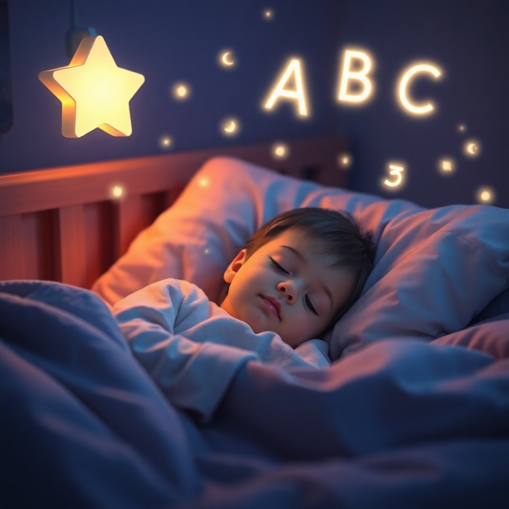 Create a photorealistic, ultra-high-quality 8K image depicting a serene child sleeping soundly in their bed.  The room is dimly lit with soft, warm-toned lighting emanating from a nightlight shaped like a star.  The color palette should be calming pastels of blues, purples, and pinks.  Floating gently above the child are glowing particles of light, creating a magical, ethereal atmosphere.  The camera angle should be slightly elevated, looking down at the child.  The texture of the child's soft pajamas and bedding should be clearly visible.  The child's expression should be peaceful and relaxed.  In the background, subtly, the ABCs are depicted as glowing celestial letters within the particles. The overall style should evoke a sense of wonder and tranquility, referencing classic children's book illustrations and fantasy art. The image should be hyperrealistic, with exceptional detail and clarity.