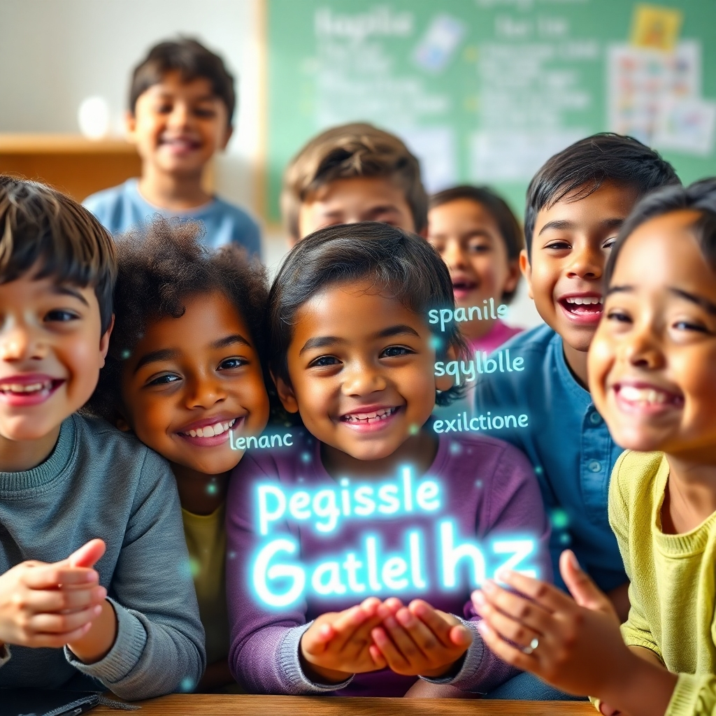 Create a photorealistic, ultra-high-quality 8K resolution image.  The scene should depict a happy, diverse group of children (ages 5-10)  actively engaged in a playful learning environment.  Some children are looking directly at the camera with smiles, while others are interacting with colorful Spanish and English words and phrases projected as holograms around them. The holograms should appear slightly transparent and shimmer with a subtle, warm light. The color palette should be bright and cheerful, with vibrant blues, greens, and yellows. The lighting should be soft and natural, reminiscent of a sunny classroom. The children's expressions should radiate joy and confidence. The overall style should be reminiscent of a modern, inclusive educational setting, similar to images found in leading educational technology marketing materials.  Include subtle particles of light that gently swirl around the children and the holographic words, giving the impression of positive energy and the 639Hz frequency. The background should be softly blurred to maintain focus on the children. Textures should be crisp and highly detailed, showing the fine textures of the children's clothing and the subtle glow of the projected words.  The camera angle should be slightly elevated, capturing the children from a playful, slightly above-eye level perspective. Ensure the image is hyperrealistic and conveys a sense of joy and ease in learning.