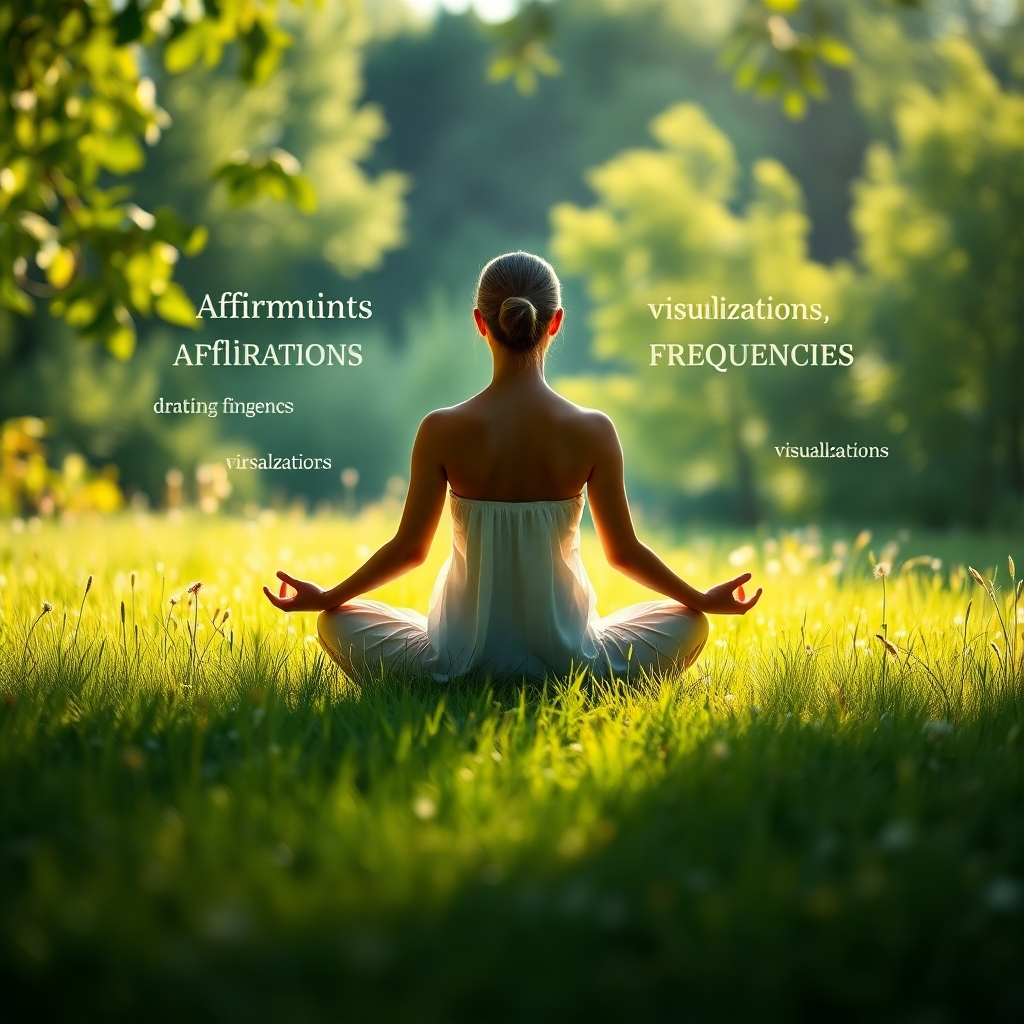 Create a photorealistic, ultra-high quality header image. The central theme is the harmonious blend of mind, body, and spirit for optimal health. Visualize a person meditating serenely in a lush, natural setting – perhaps a sun-drenched meadow or a tranquil forest glade. Around them, subtle visual representations of affirmations (text floating gently), visualizations (dreamlike imagery), and healing frequencies (glowing waves of light and color) should intertwine. The lighting should be soft and ethereal, with a warm color palette dominated by greens, blues, and golds. Use a wide-angle camera to capture the expansive environment. Pay close attention to texture details – the soft grass, the flowing fabric of the person's clothing, the subtle shimmering of the frequencies. The style should evoke a sense of peace, serenity, and empowerment, similar to mindfulness and holistic wellness imagery. Render in 8K resolution with hyperrealistic detail.