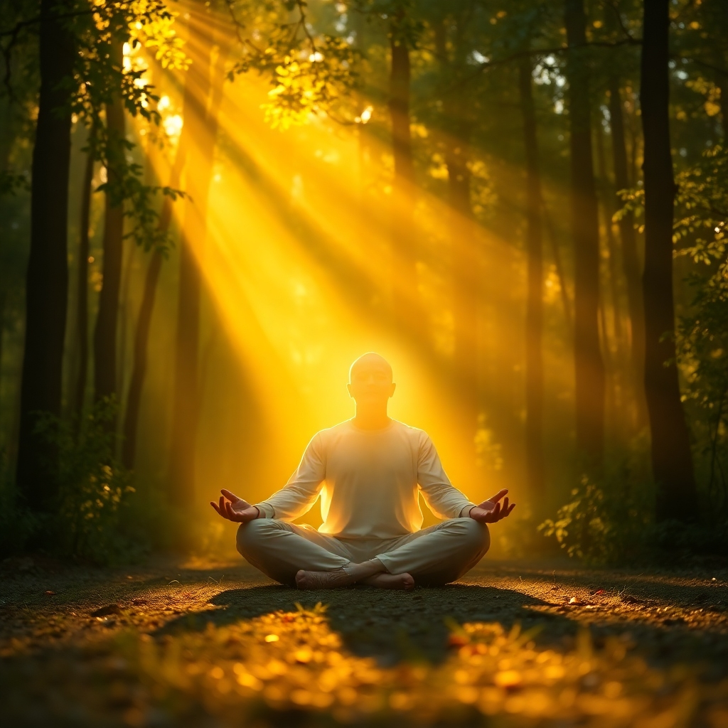 Create a photorealistic, ultra-high-quality header image. The central subject is a person meditating peacefully in a sun-drenched forest clearing. Golden light streams through the trees, illuminating the person, who is surrounded by a soft, ethereal glow. The person appears serene and protected, embodying a sense of divine peace. In the background, subtle visual representations of musical waves (777Hz frequency) blend seamlessly into the forest environment. The color palette should be warm and inviting, dominated by golds, greens, and soft blues. The camera angle is a medium shot, slightly from below, to emphasize the person's connection to the divine. Texture details should be hyperrealistic, capturing the intricate details of the forest foliage, the person's clothing, and the subtle light refractions. Style: Realistic with a touch of etherealism. Technical specs: 8K resolution, hyperrealistic.