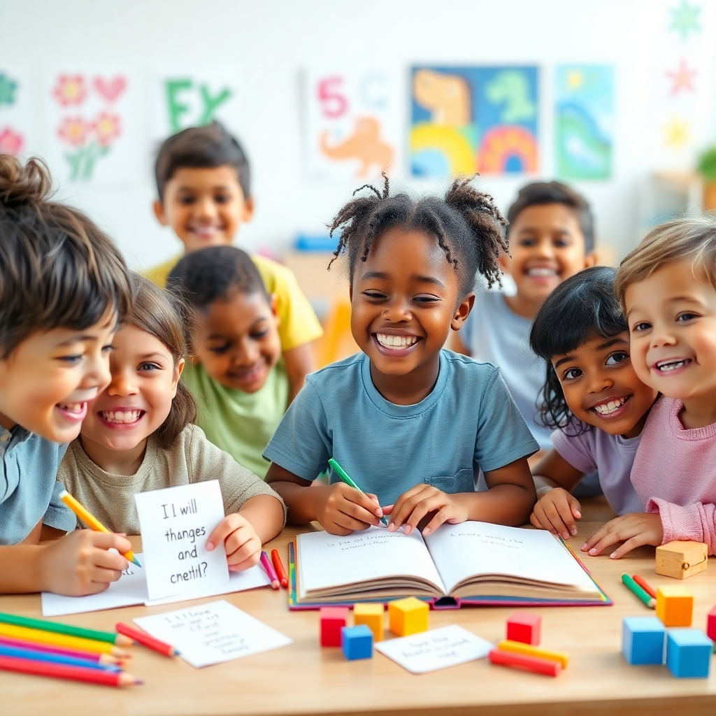 Create a photorealistic, ultra-high-quality 8K resolution image. The scene should depict a diverse group of happy children (ages 5-10) engaging in various activities – some are drawing, others are playing, and some are reading a book with affirmations, all in a bright, naturally lit classroom setting.  The background should feature a soft, pastel color palette (think light blues, pinks, and yellows) with pops of vibrant color from children's artwork on the walls. The composition should be a medium shot, focusing on the children's expressions of joy and confidence. The lighting should be soft and natural, avoiding harsh shadows.  The image should showcase the printable affirmation cards subtly – maybe one child holds a card, another has one by their artwork, showing different design variations. The overall texture should be realistic, showcasing the natural textures of the children's clothes, the wood of the table, and the paper of the cards. The style should emulate a candid, documentary-style photography, aiming for a joyful, realistic portrayal of children empowered through positive affirmations.  Props include colorful pencils, crayons, building blocks, and books. The scene should evoke a sense of warmth, happiness, and learning.  The overall mood should reflect joy, positivity and inclusivity.  The camera angle should be from a slightly elevated perspective, creating a natural and engaging viewpoint. The image should feature a high level of detail and hyperrealism.
