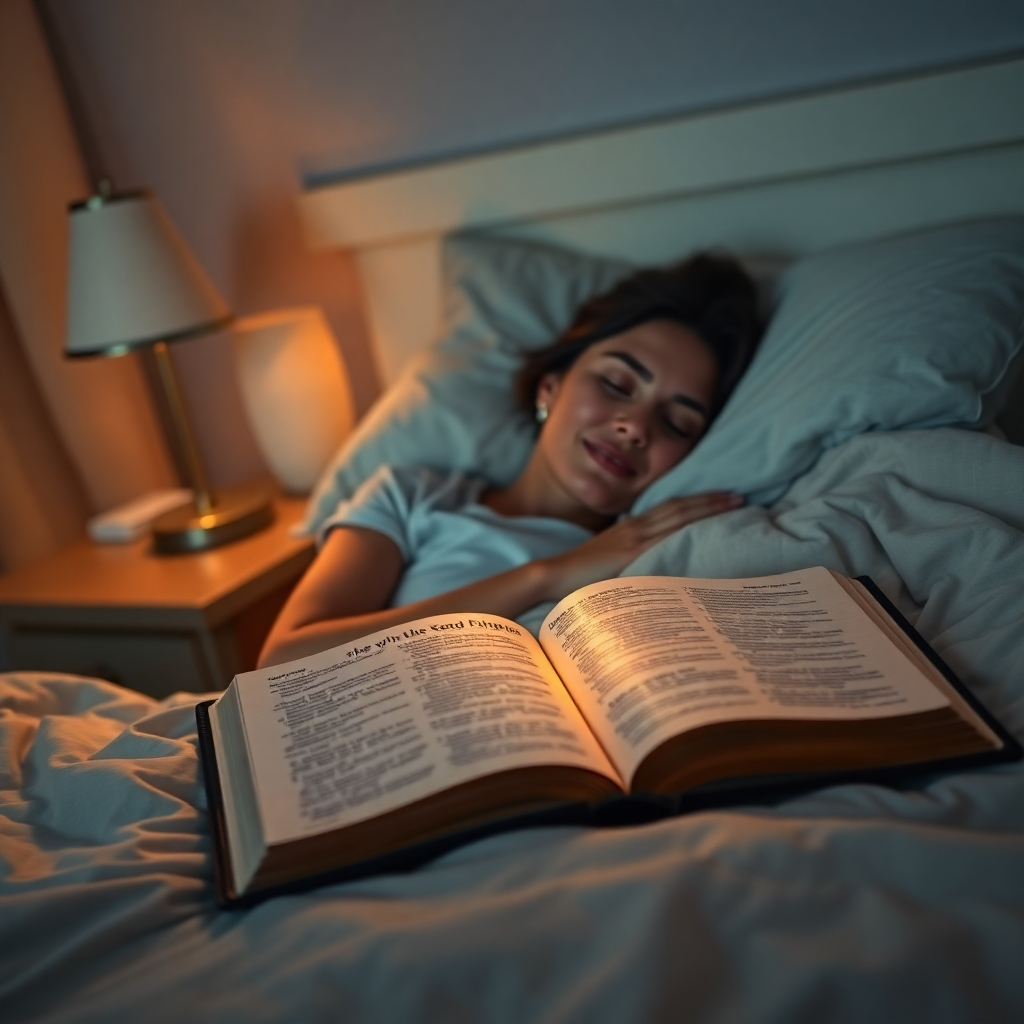 Create a photorealistic, ultra-high quality header image for 'Carnivore Found Me'. The scene depicts a serene, softly lit bedroom at twilight. A woman is peacefully asleep, bathed in the warm glow of a bedside lamp. An open King James Bible rests on her nightstand, with faint solfeggio frequencies visually emanating from its pages as gentle, golden waves. The room is decorated with calming colors like pale blues and greens, and the overall atmosphere is one of tranquility and safety. The focus should be on the peaceful expression of the woman and the subtle, yet powerful, visual representation of the Bible's calming influence combined with sound healing. Use a wide-angle lens to capture the entire room. The image should be hyperrealistic with 8K resolution, paying close attention to texture details such as the soft bedding, the worn leather of the Bible, and the subtle ambient light. Style: Inspired by the serene and realistic paintings of Thomas Kinkade, with a modern digital art twist.