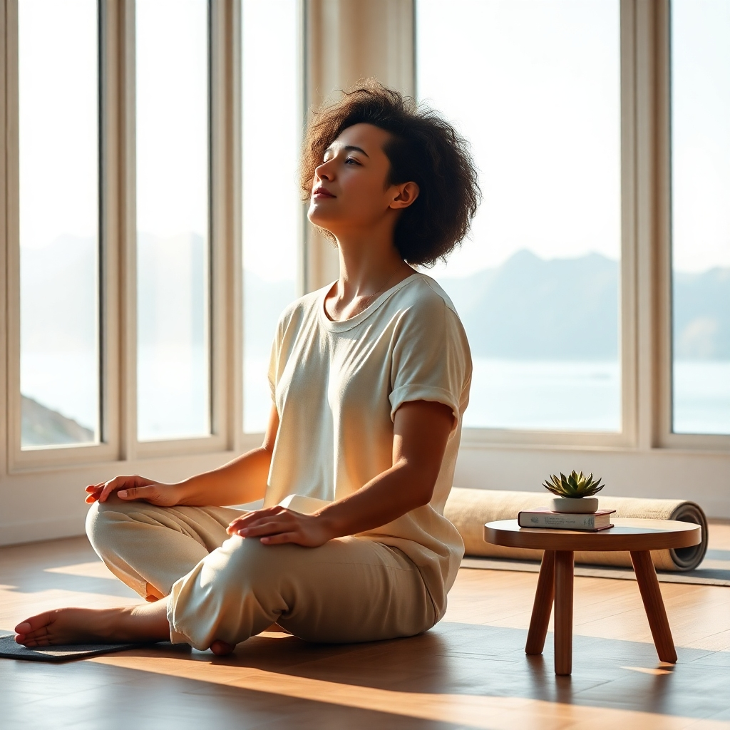 Create a photorealistic, ultra-high-resolution (8K) header image for a website promoting positive affirmations. The image should evoke a feeling of calm strength and inner peace.  The composition should feature a young, healthy adult, possibly both male and female, sitting peacefully in a sun-drenched, minimalist room with large windows showcasing a serene natural landscape (mountains or ocean).  The lighting should be soft, natural light, with a warm, golden hue, illuminating the subject from the side. The color palette should be earthy and calming, with muted tones of beige, cream, greens, and blues. The overall mood is optimistic and empowering. The camera angle should be slightly elevated, offering a three-quarter view of the subject.  The subject is wearing simple, comfortable clothing in natural fabrics like linen or cotton.  Their skin should have a natural, healthy glow.  Textures should be visible; the soft texture of the clothing, the roughness of a wooden floor, and the smooth surface of a small, minimalist wooden table beside them on which a single succulent plant sits. The background should include a few well-placed items that suggest a calm and mindful environment - perhaps a yoga mat partially visible in the corner, or a book about mindfulness. The style should reference high-end lifestyle photography, with an emphasis on serenity and natural beauty, similar to the work of photographers specializing in wellness and mindfulness. The image should have a hyperrealistic quality, with exceptional detail and depth, showcasing the texture of the subject's hair, the skin tones, and the surrounding environment.  The overall impression should be one of peace, positivity, and self-empowerment., ultra high resolution, photorealistic, 8K, hyperdetailed, cinematic lighting
