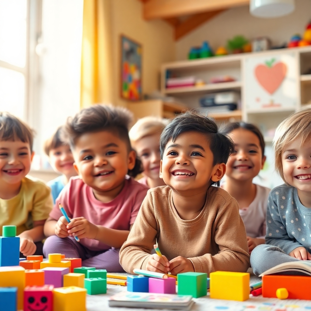 Create a photorealistic, ultra-high quality 8K resolution image. The image should depict a diverse group of happy, engaged children of various ages and ethnicities, actively learning in a bright, colorful, and stimulating environment.  They are surrounded by playful learning props such as building blocks, books, and art supplies. Soft, natural light streams in from a large window, casting a warm glow on the scene. The color palette should be vibrant and cheerful, with pops of primary colors and soothing pastels. The camera angle should be slightly elevated, providing a warm and inviting perspective. The overall style should evoke a feeling of joy, creativity, and learning.  The children should look peaceful and joyful.  There should be a subtle ethereal glow surrounding them, hinting at the positive energy of affirmations and healing sounds. The image should have a hyperrealistic style and texture, with detailed rendering of skin, hair, clothing, and objects. Think of a blend of styles from Annie Leibovitz (for the portrait style) and a touch of whimsical fantasy illustration to convey the magical essence of the affirmations.