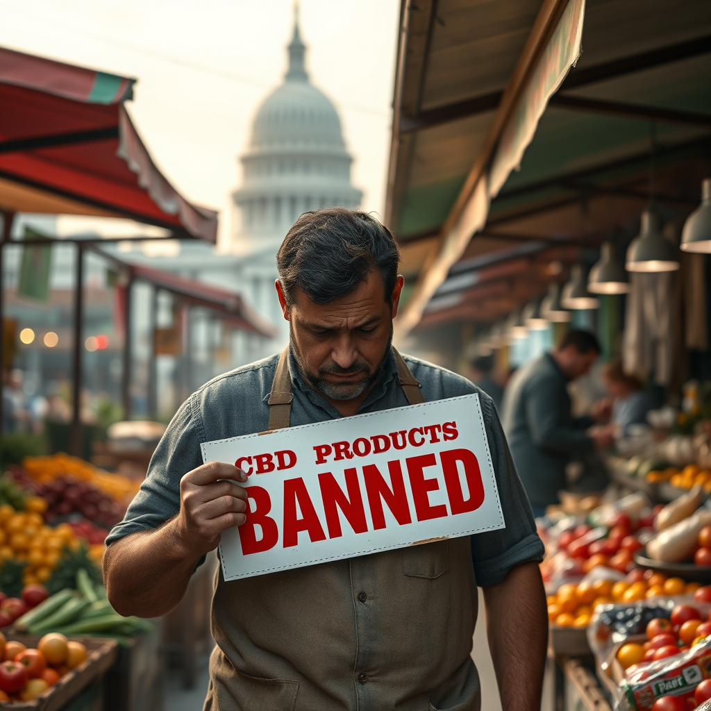 Create a photorealistic, ultra-high quality header image for 'Norfolk City Cannabis Hub.' The scene is set in a bustling Norfolk marketplace, with vibrant stalls selling fresh produce and artisan goods. In the foreground, a vendor looks distressed, clutching a sign that reads 'CBD Products Banned.' The background features a hazy image of the Virginia State Capitol building. The lighting is soft and diffused, creating a sense of unease and secrecy. The color palette leans towards muted greens and browns, with pops of red highlighting the banned CBD products. The camera angle is a medium shot, focusing on the vendor's face and the sign. Textures should be highly detailed, showcasing the rough fabric of the vendor's apron and the weathered wood of the market stalls. The overall style should evoke a sense of quiet disruption and hidden agendas. Technical specs: 8K resolution, hyperrealistic rendering.
