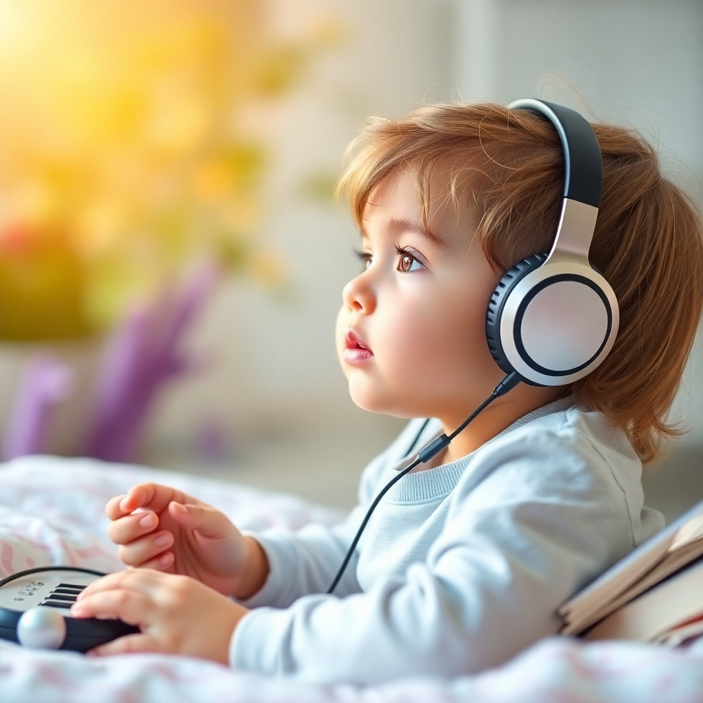 Create a serene image featuring a child listening to music with headphones, learning Spanish numbers in a peaceful setting, soft colors