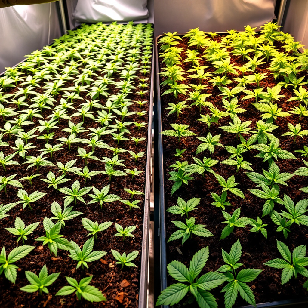 Create a side-by-side comparison image, photorealistic, demonstrating consistency versus variability. On the left, showcase rows of identical cannabis seedlings thriving uniformly in Happy Frog soil. On the right, show seedlings in a homemade mix exhibiting varying growth rates and health, some flourishing, others struggling. The lighting should emphasize the uniformity on one side and the diversity on the other. The background is a grow room setting. Camera angle: elevated, to show the entire array of seedlings. Style: Before-and-after style comparison.
