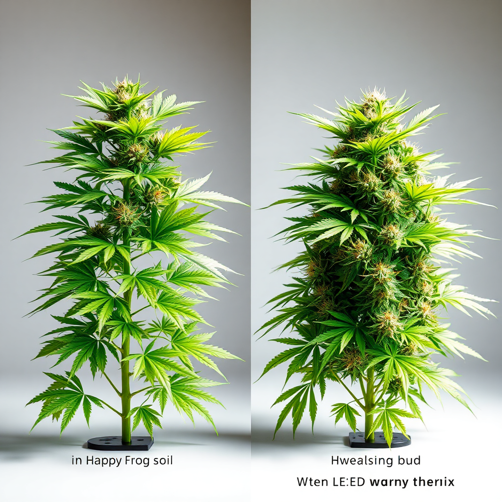 Create a side-by-side photorealistic image comparing the overall vigor of cannabis plants. One plant, grown in Happy Frog soil, exhibits vibrant green leaves, strong stems, and abundant bud development. The other plant, grown in a homemade mix, shows slightly less vibrant leaves, potentially weaker stems, and less dense bud development. The lighting should be bright and even, showcasing the overall health of each plant. The background is a clean, professional grow room setting. Camera angle: full plant shot, focusing on the overall visual impact. Style: Professional product photography.