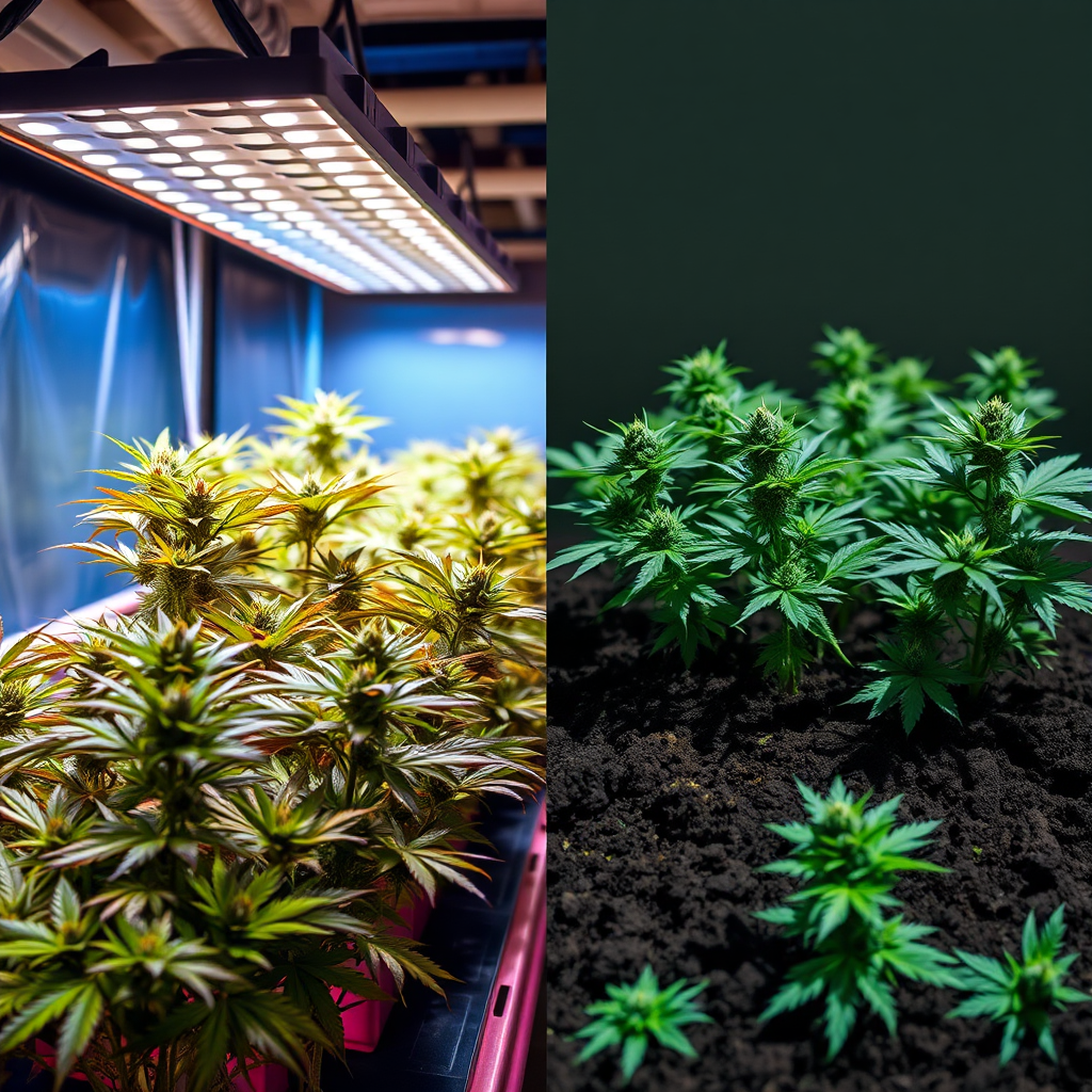 Create a split image. On one side, fast-growing cannabis plants in a hydroponic setup bathed in artificial light, symbolizing synthetic growth. On the other side, cannabis plants thriving in rich, dark soil under natural sunlight, symbolizing organic strength. The colors should reflect the contrasting environments (cool blues vs. warm earth tones). Style: Realistic depiction with a slight artistic touch.