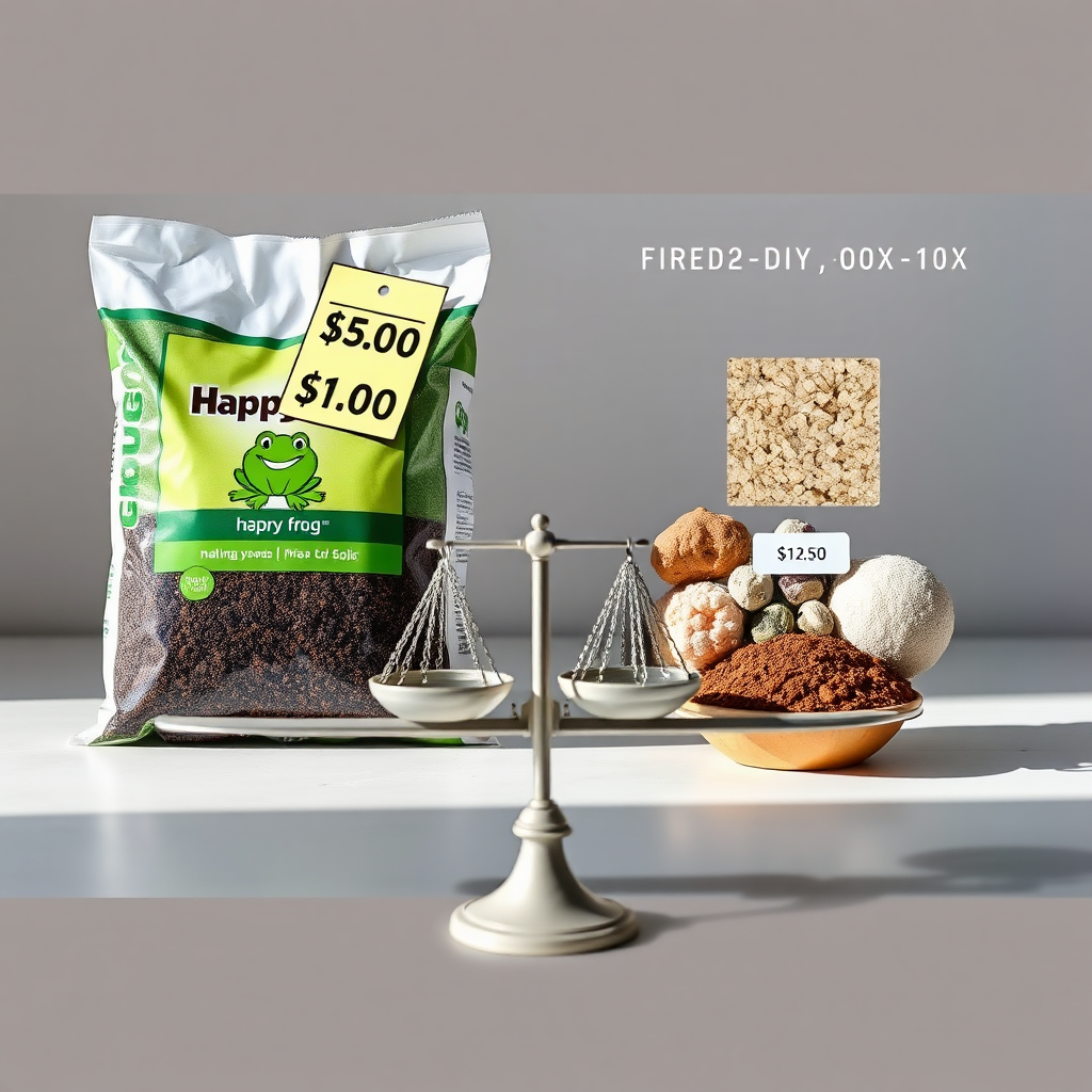 Create a split-screen, photorealistic image showcasing the cost analysis of Happy Frog versus a DIY soil mix. On the left, depict bags of Happy Frog soil with a price tag graphic overlaid. On the right, show individual ingredients for a DIY mix (peat moss, perlite, compost, etc.) also with price tags. Include a scale balancing the costs on each side. Use a bright, informative lighting style. The background should be a simple, clean surface. Camera angle: eye-level, focusing on the comparative display. Style reference: Financial infographic.