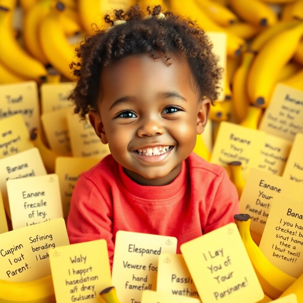 Create a stylized 4K image depicting a single child (approximately 8 years old) with a cheerful expression sitting amongst a vibrant collection of illustrated banana cards each featuring a unique and positive affirmation.  The child's appearance should be inclusive and diverse.  The overall color scheme should be bright and friendly, with warm tones of yellow and sunshine. Lighting should be soft and diffused, minimizing harsh shadows. Include a whimsical and playful, illustrative style in the banana cards, reminiscent of children's books. The image should be slightly tilted for dynamic composition and incorporate various textures, including smooth surfaces of the cards and soft textures of the child's clothing. The image should communicate feelings of joy, confidence, and empowerment.